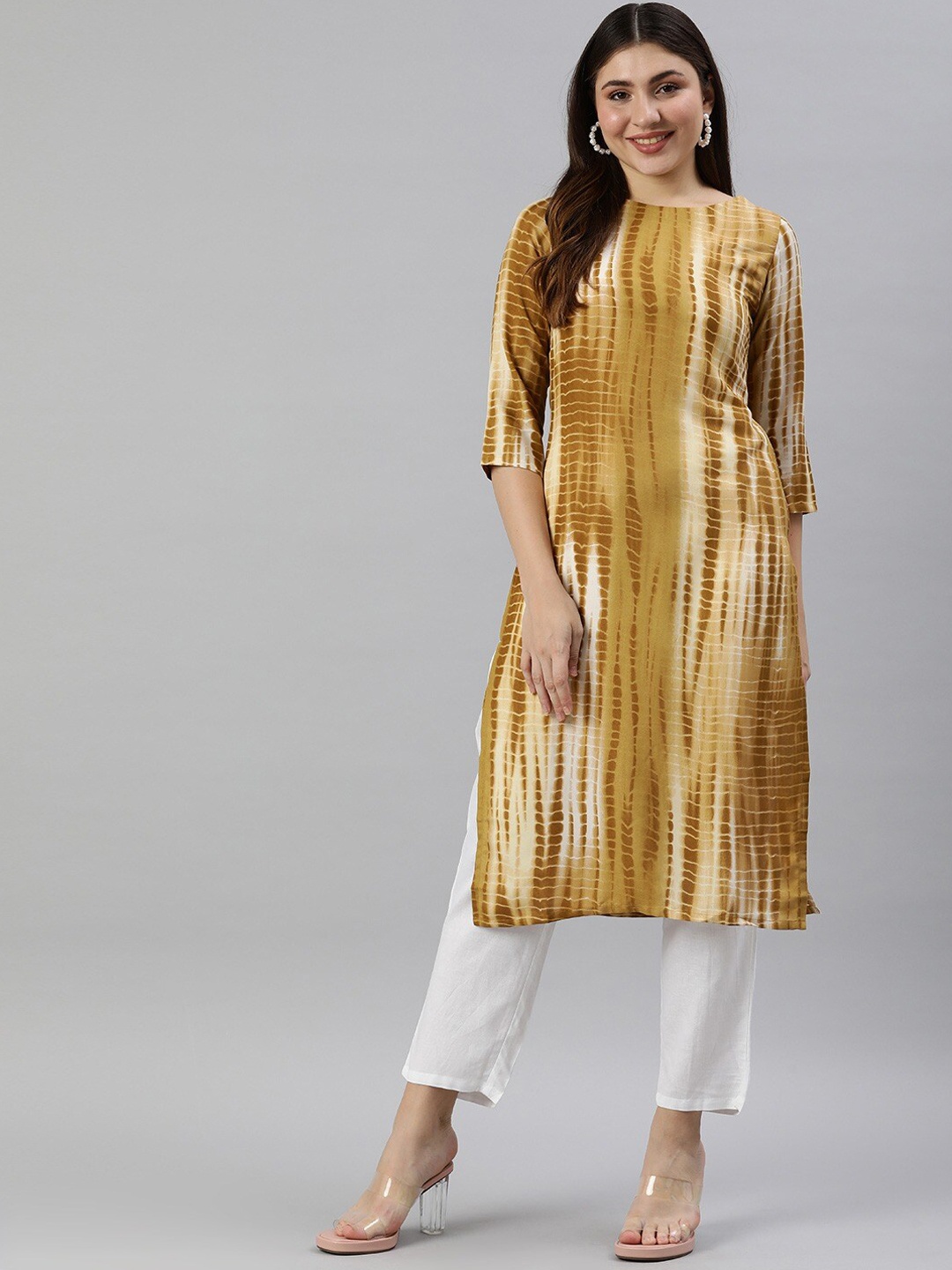 

KALINI Tie & Dye Printed Round Neck Kurta, Mustard