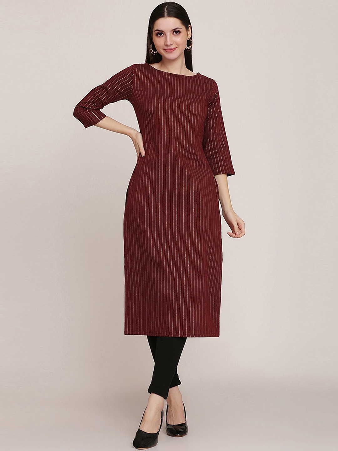 

KALINI Round Neck Striped Straight Kurta, Maroon