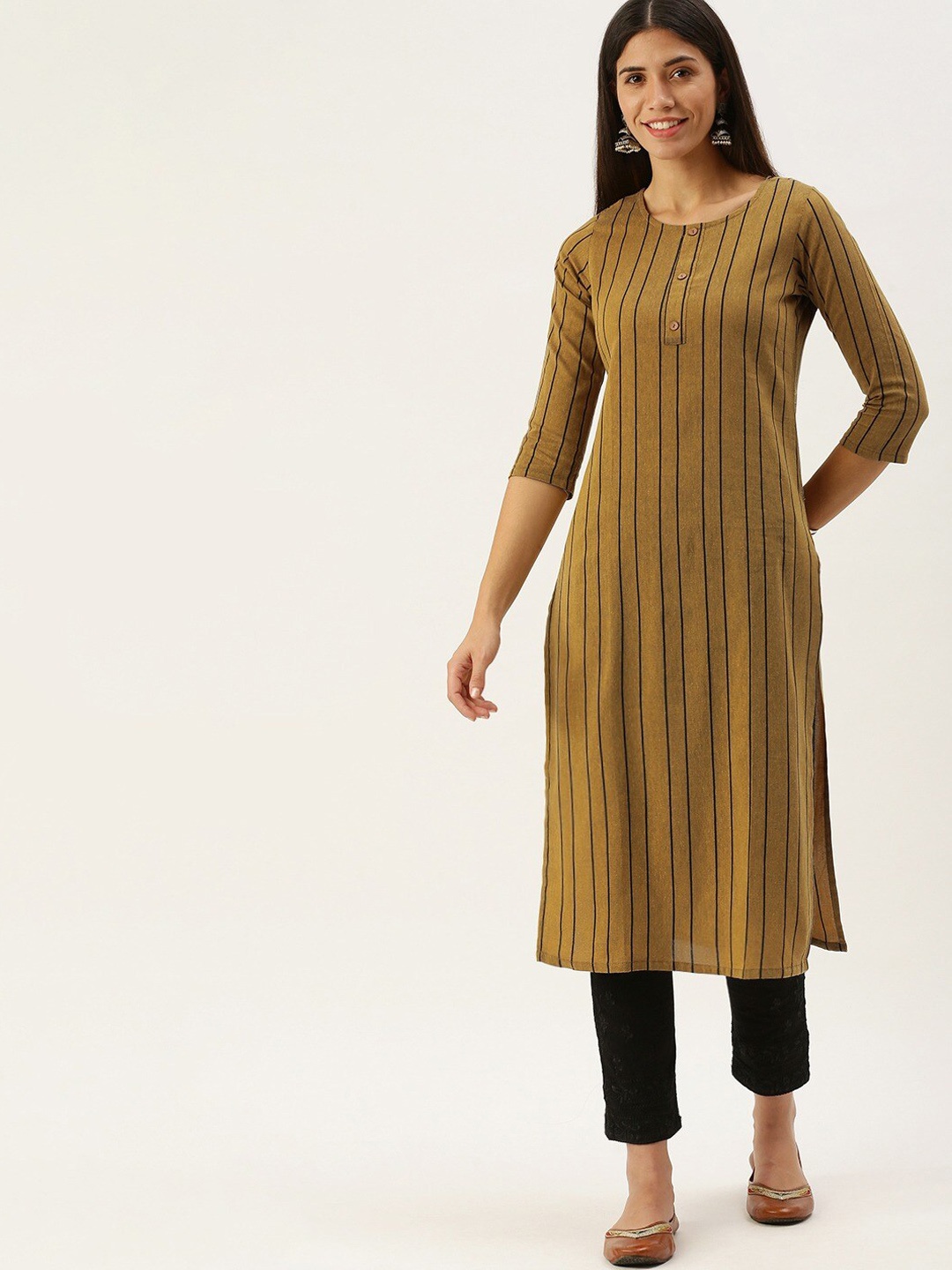 

KALINI Striped Straight Kurta, Mustard