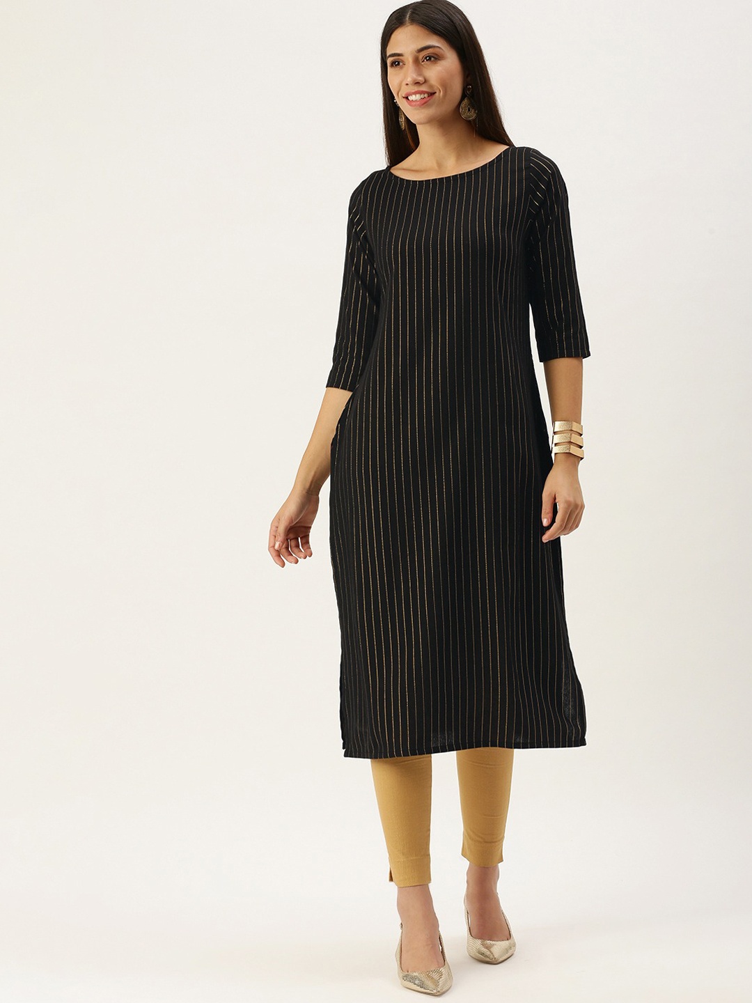 

KALINI Round Neck Striped Straight Kurta, Black