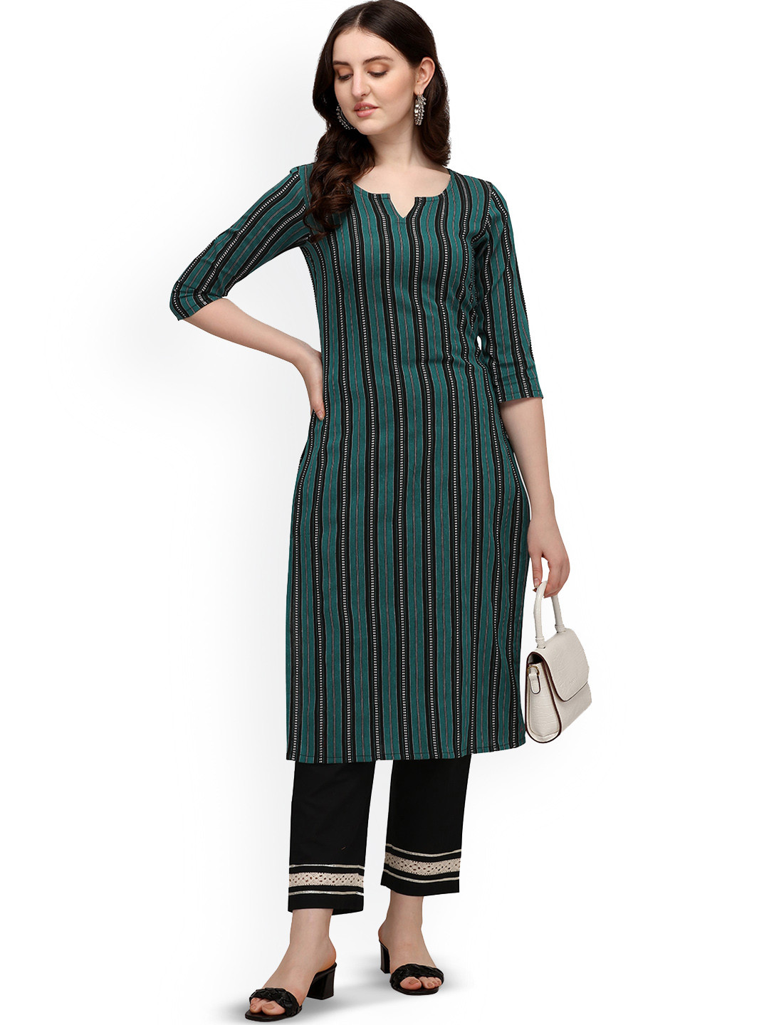 

KALINI Striped Round Neck Straight Kurta, Green