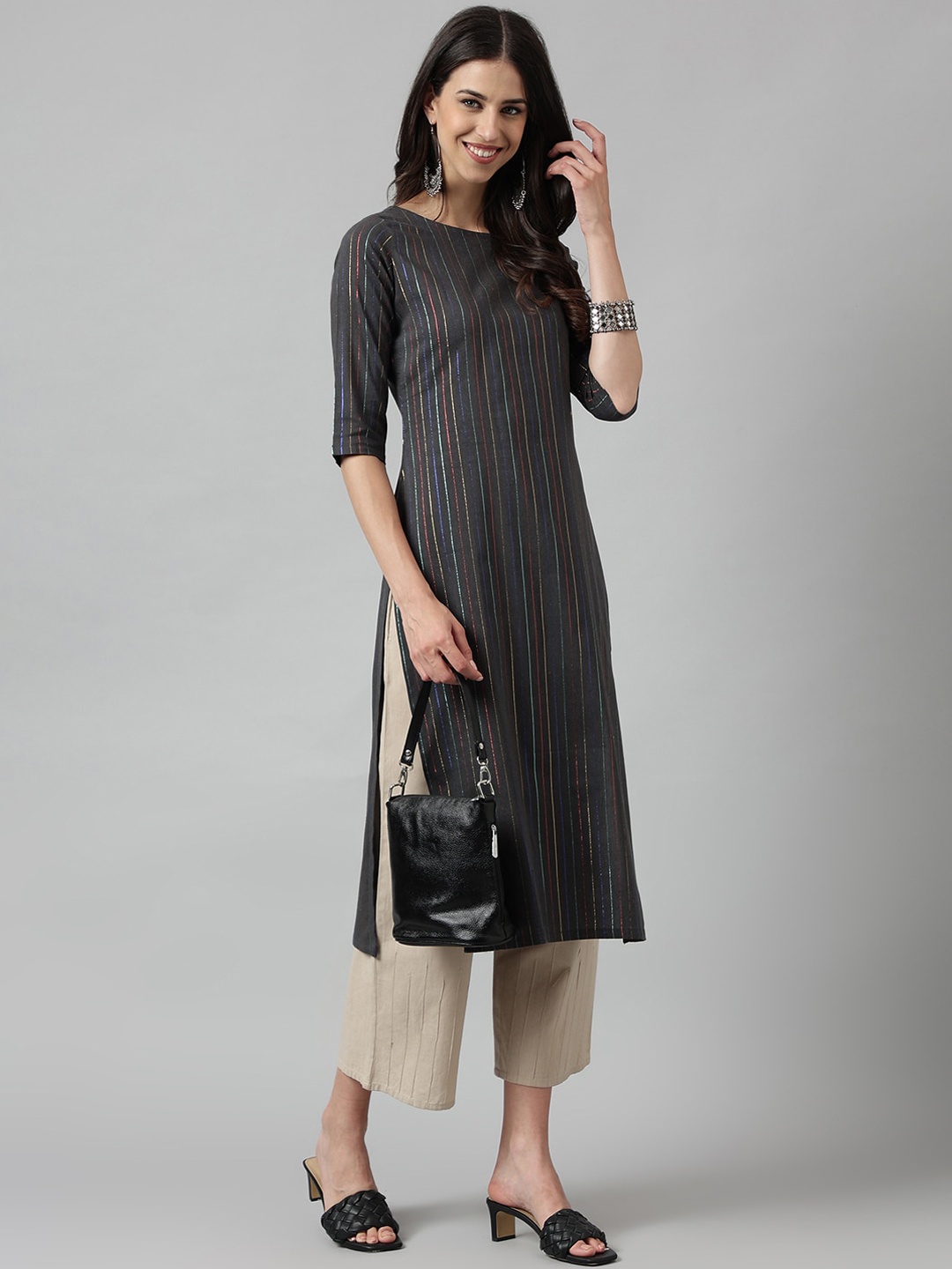 

KALINI Striped Round Neck Regular Straight Kurta, Black