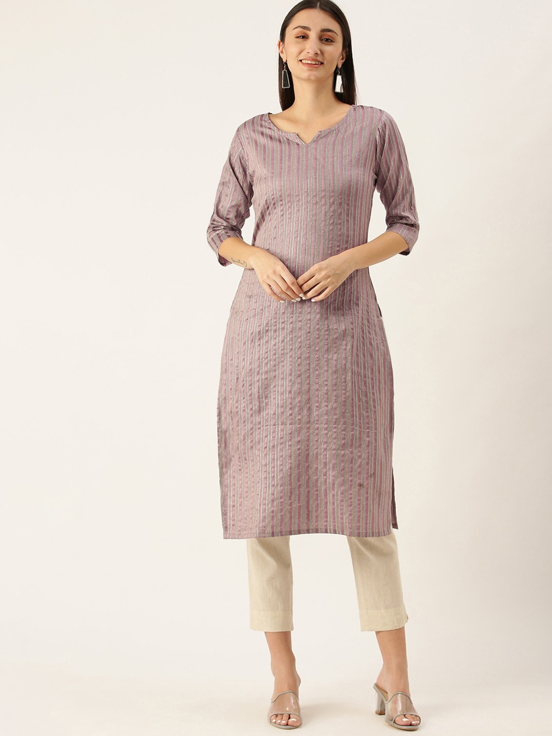 

KALINI Round Neck Striped Straight Kurta, Lavender