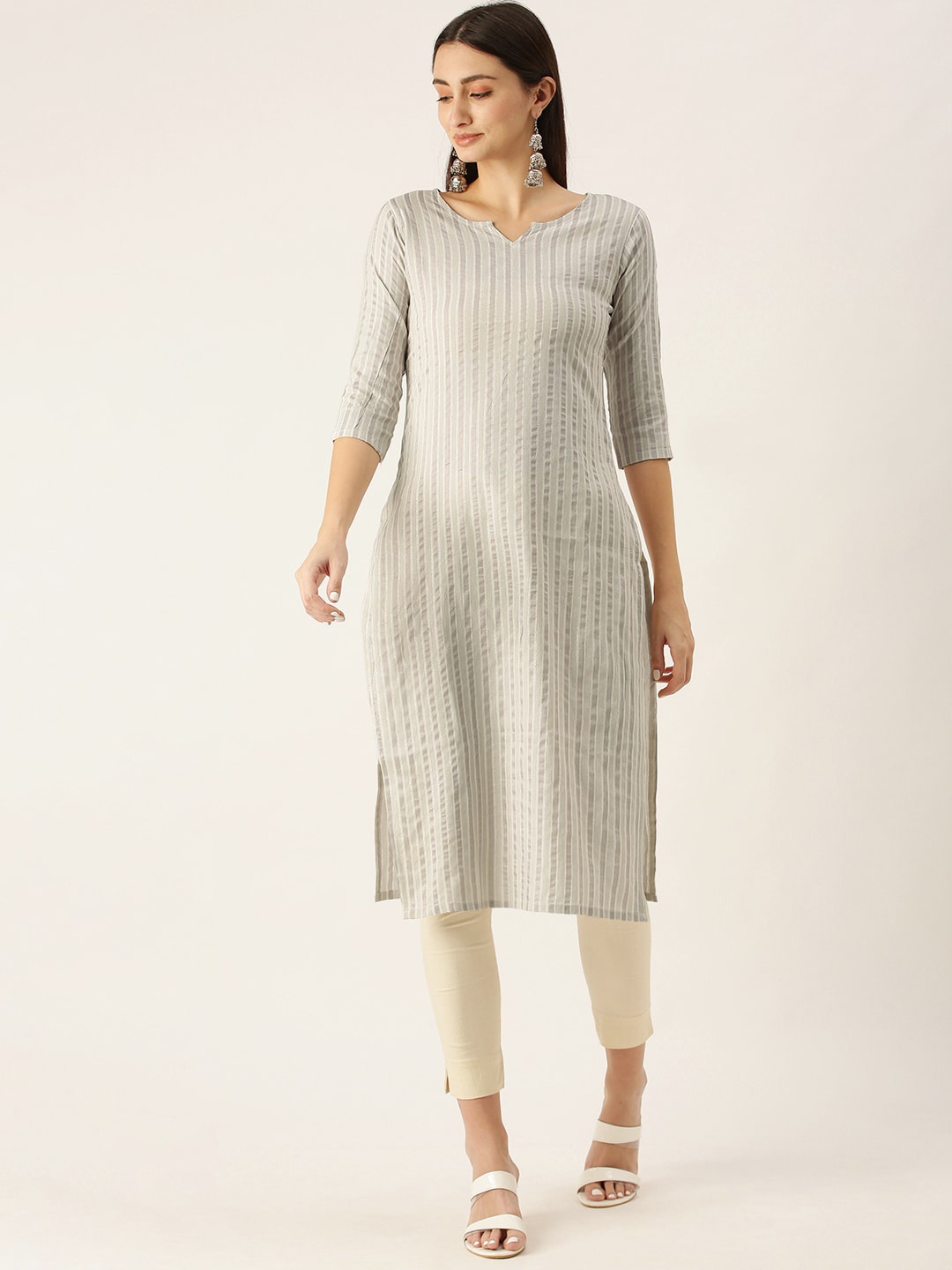 

KALINI Striped Round Neck Straight Kurta, White