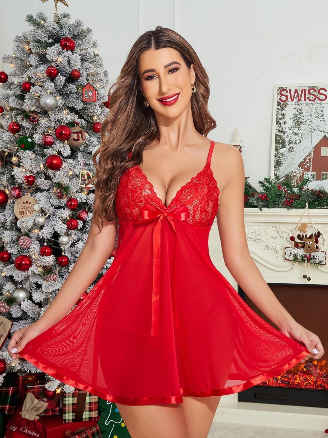 

In-Curve Self Design Shoulder Straps Net Lace Baby Doll, Red