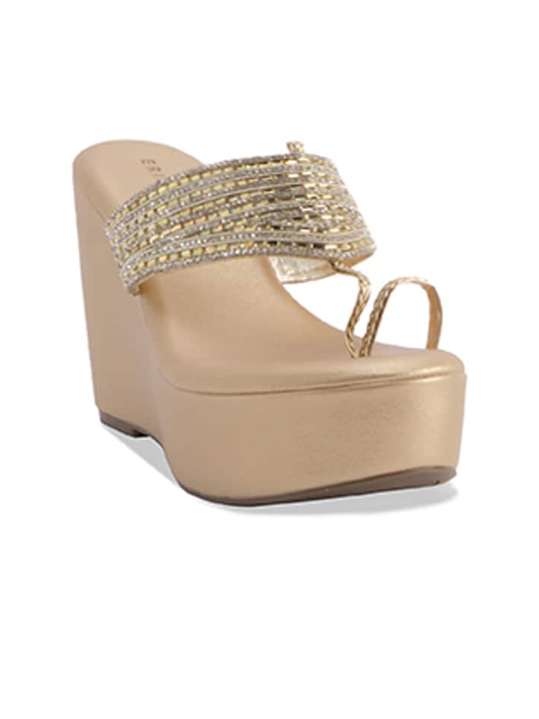 

ERIDANI Embellished Open Toe Kolhapuri Wedge Heels, Gold