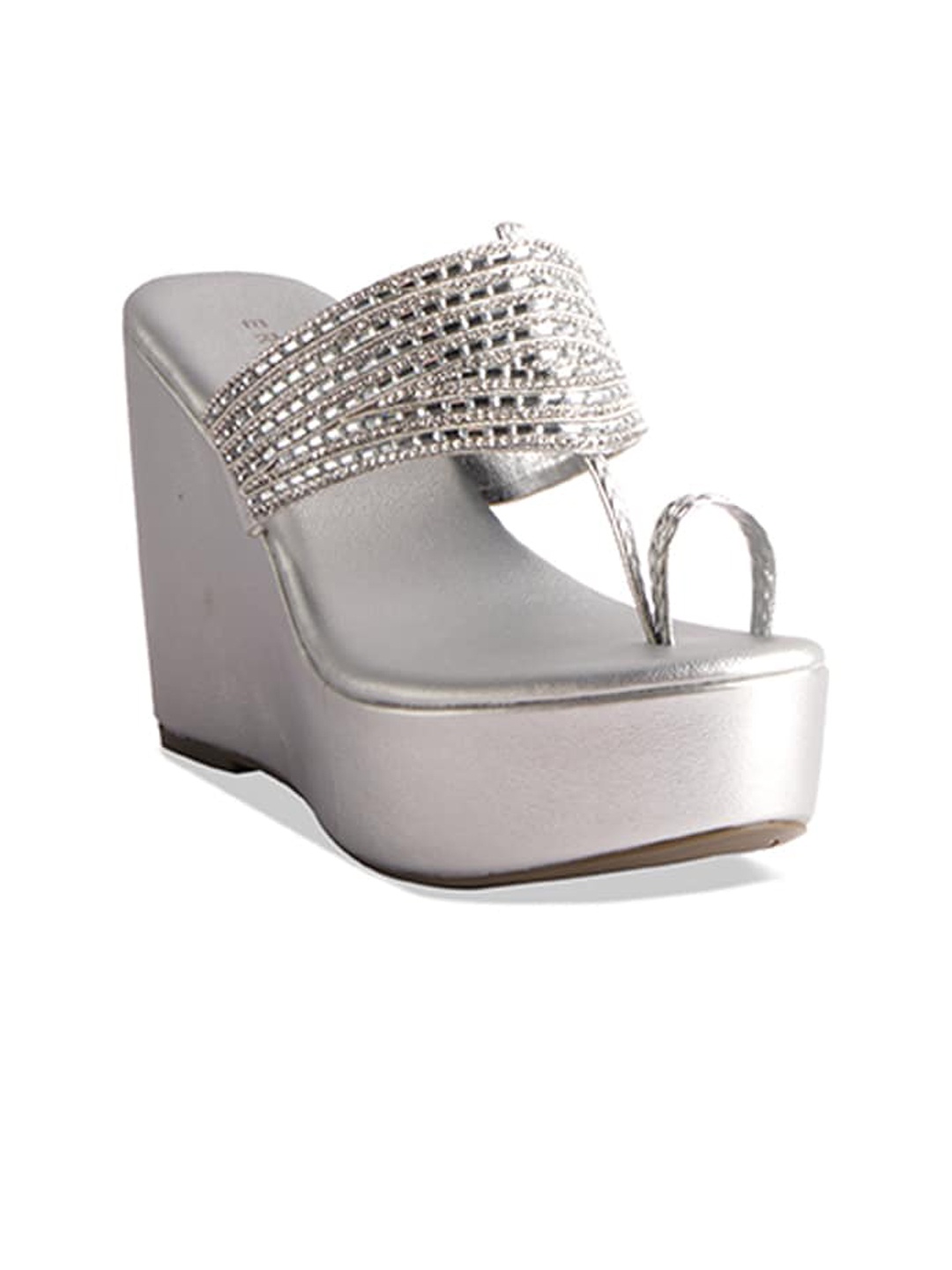 

ERIDANI Embellished Open Toe Kolhapuri Wedge Heels, Silver