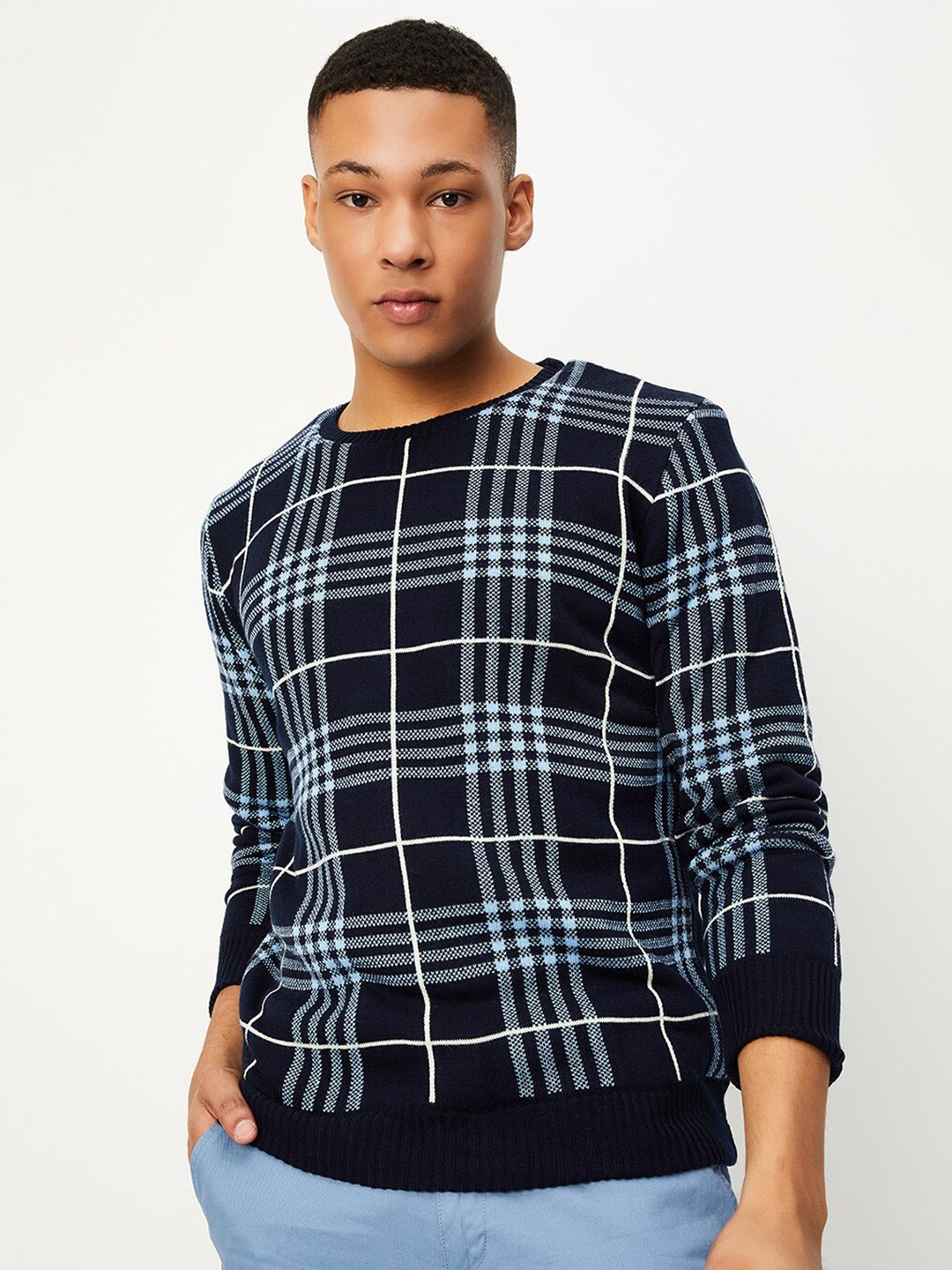 

max Men Checked Pullover, Navy blue