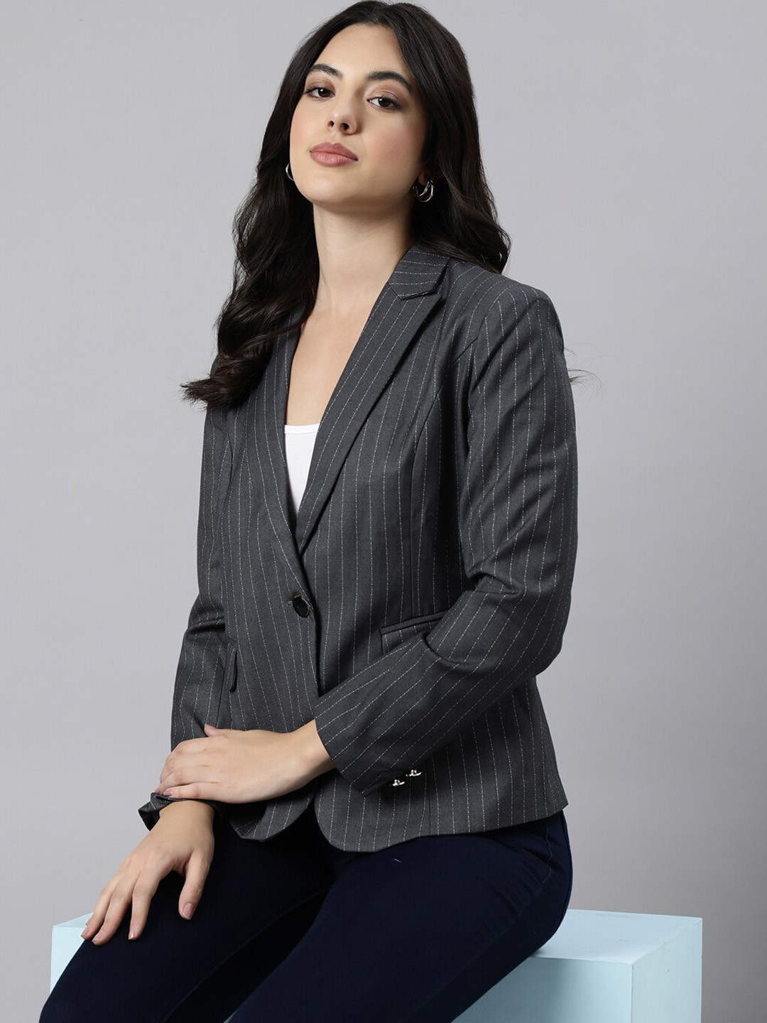 

SHOWOFF Striped Slim-Fit Notched Lapel Single-Breasted Twill Formal Blazer, Grey