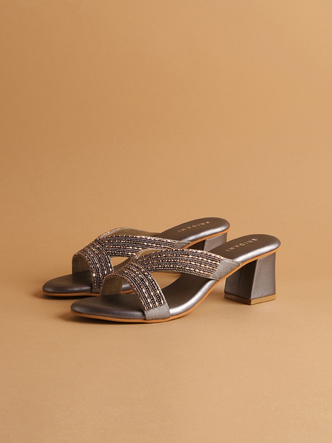 

ERIDANI Roisin Embellished Gunmetal Block Heel Sandal, Brown