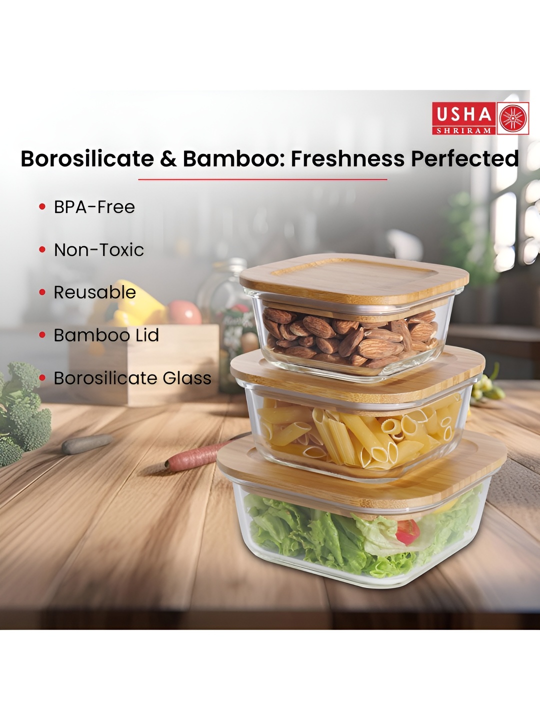 

USHA SHRIRAM Transparent & Beige 6Pcs Glass Microwave Safe Food Containers & Wooden Lids