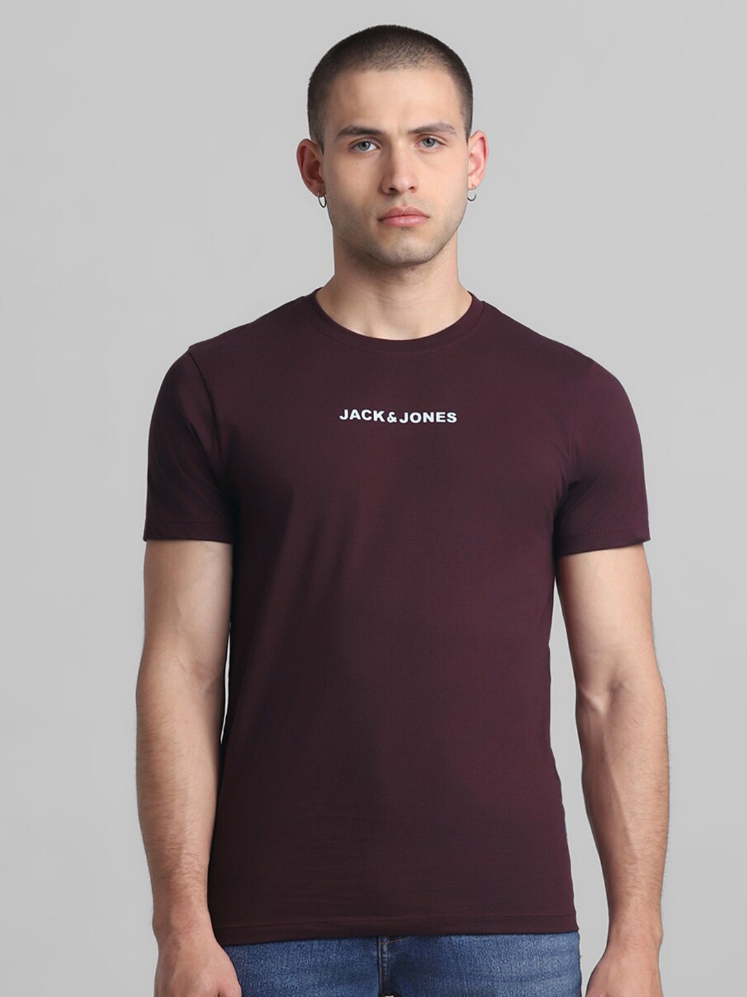 Jack & Jones Pure Cotton Brand Logo Printed Slim Fit T-shirt, Maroon