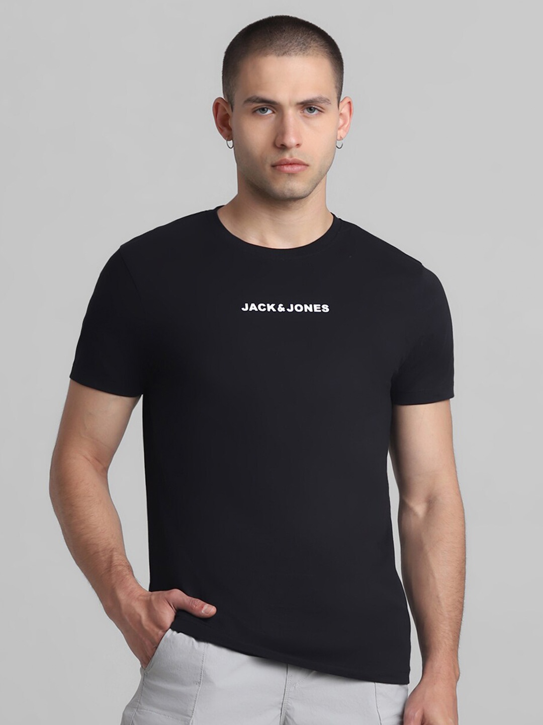 

Jack & Jones Pure Cotton Brand Logo Printed Slim Fit T-shirt, Black