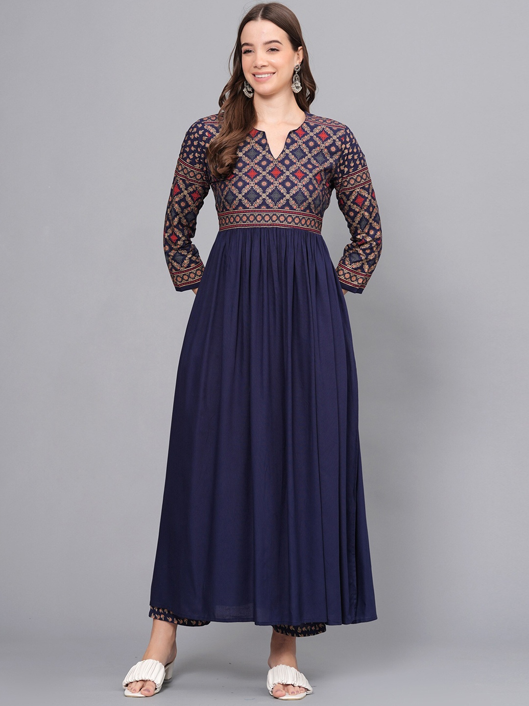 

PURSHOTTAM WALA Women Ethnic Motifs Printed Regular Kurta with Trousers, Blue