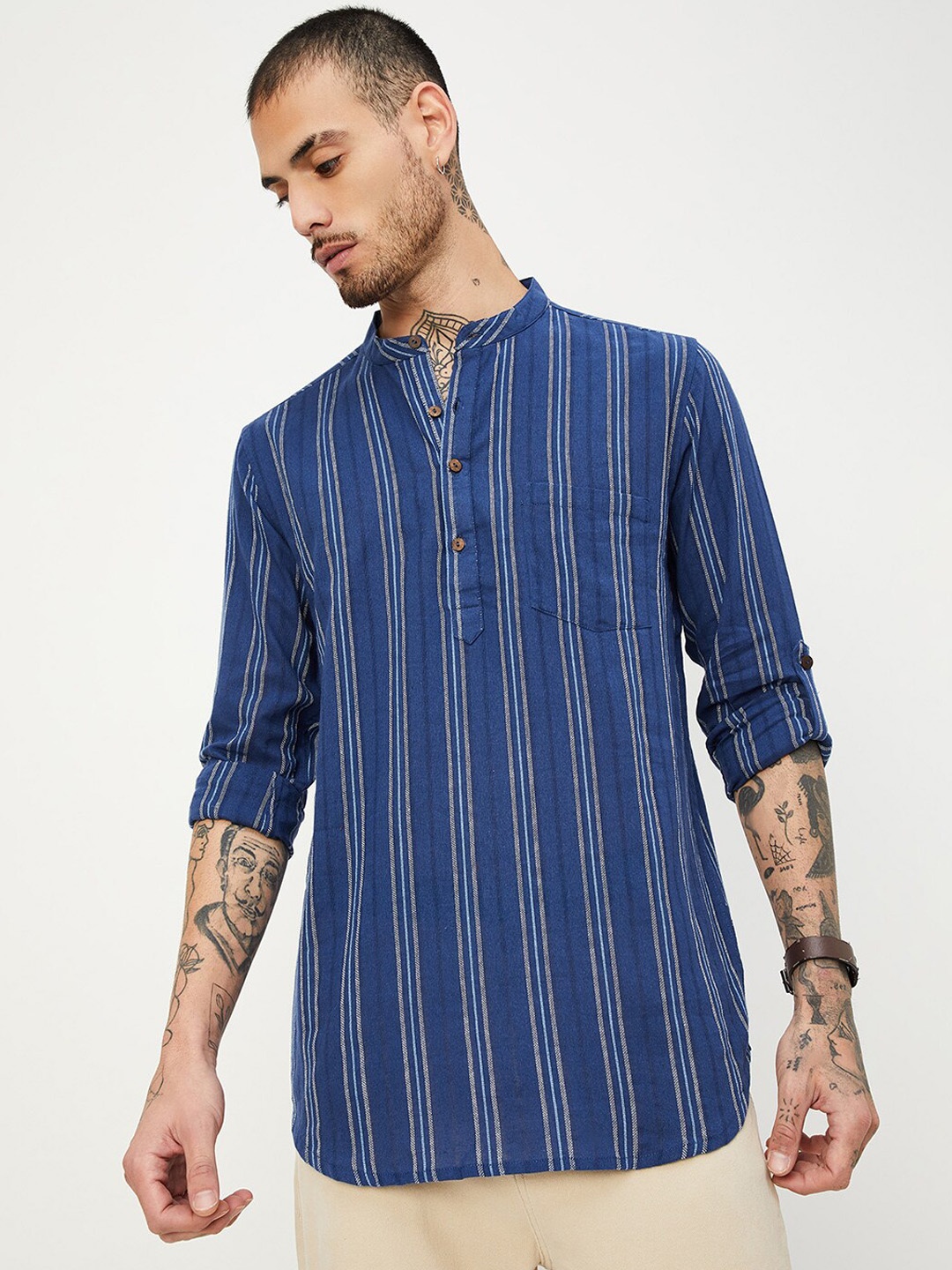 

max Striped Pure Cotton Kurta, Blue