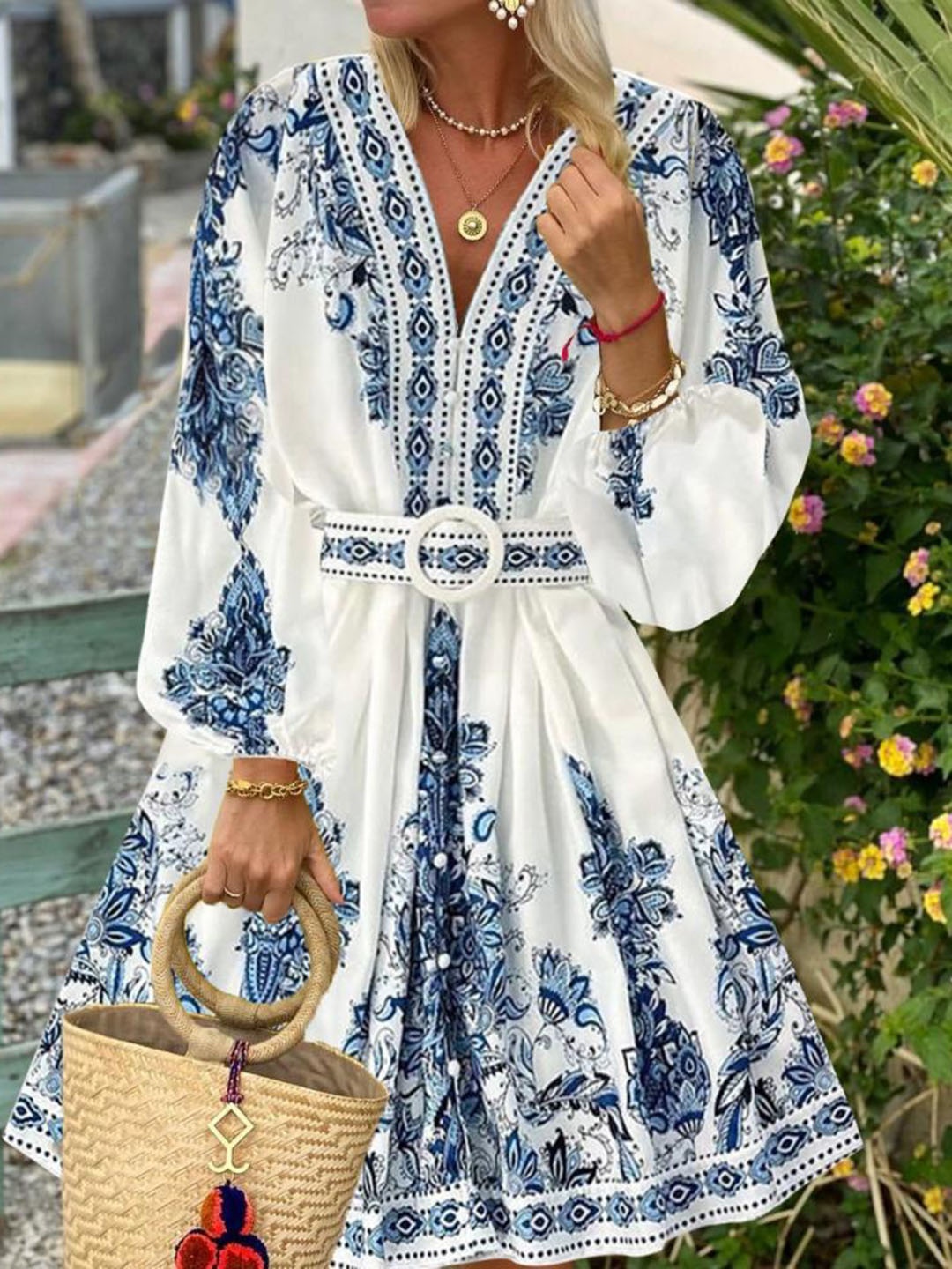 

StyleCast Ethnic Motifs Printed Fit and Flare Mini Dress Come with Belt, White