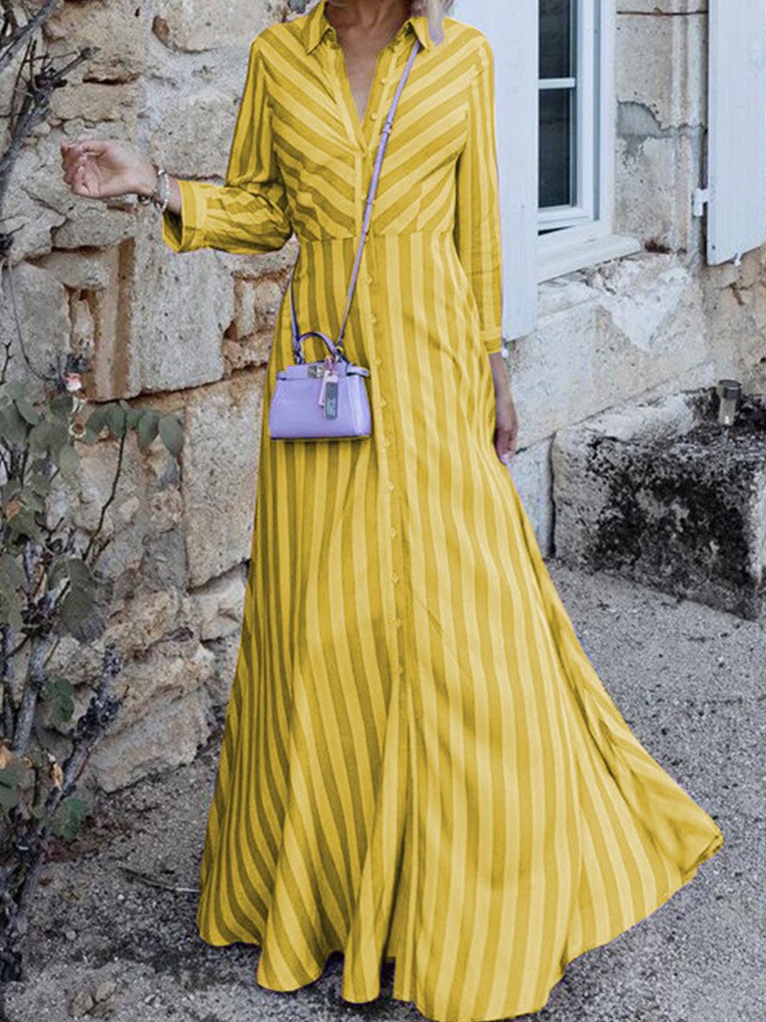 

StyleCast Striped Shirt Collar Maxi Dress, Yellow