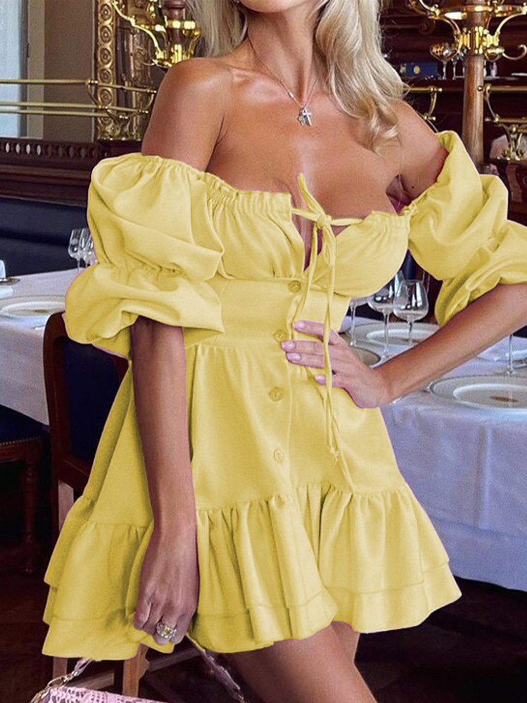 

StyleCast Solid Off-shoulder A-Line Dress, Yellow