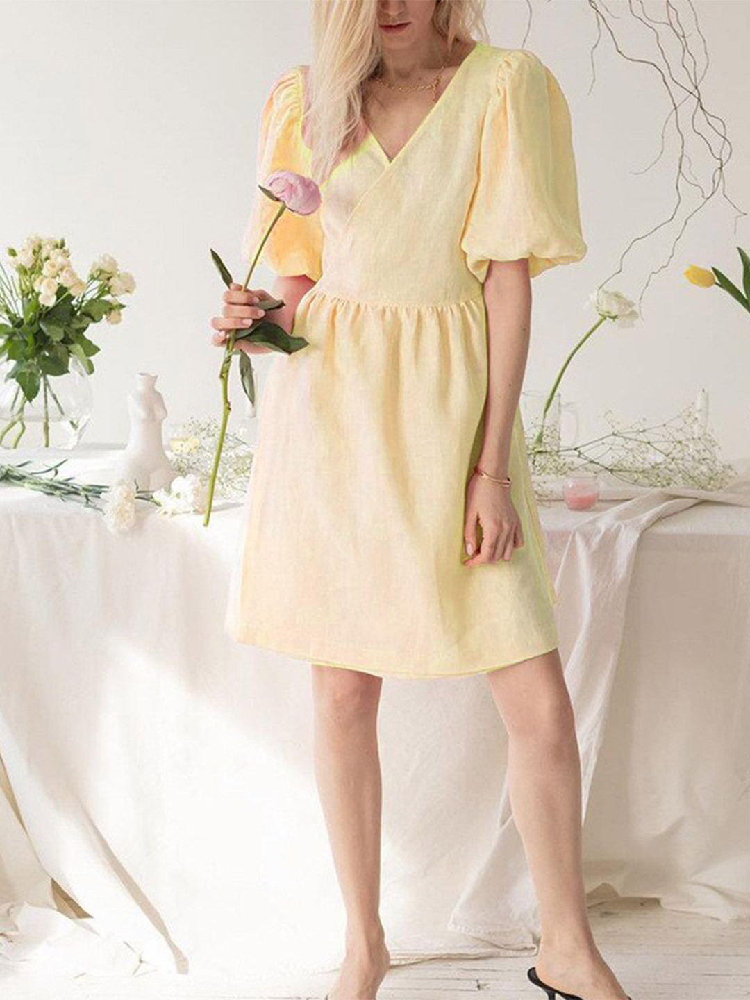 

StyleCast Wome Puff Sleeves Wrap Dress, Yellow