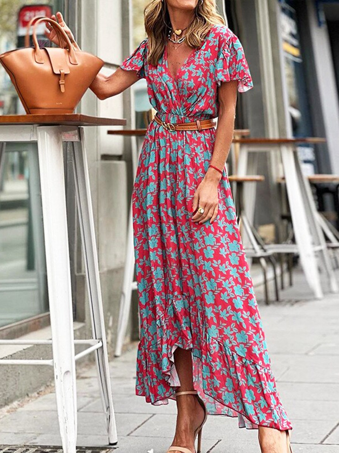 

StyleCast Floral Print Flutter Sleeve Maxi Dress, Red