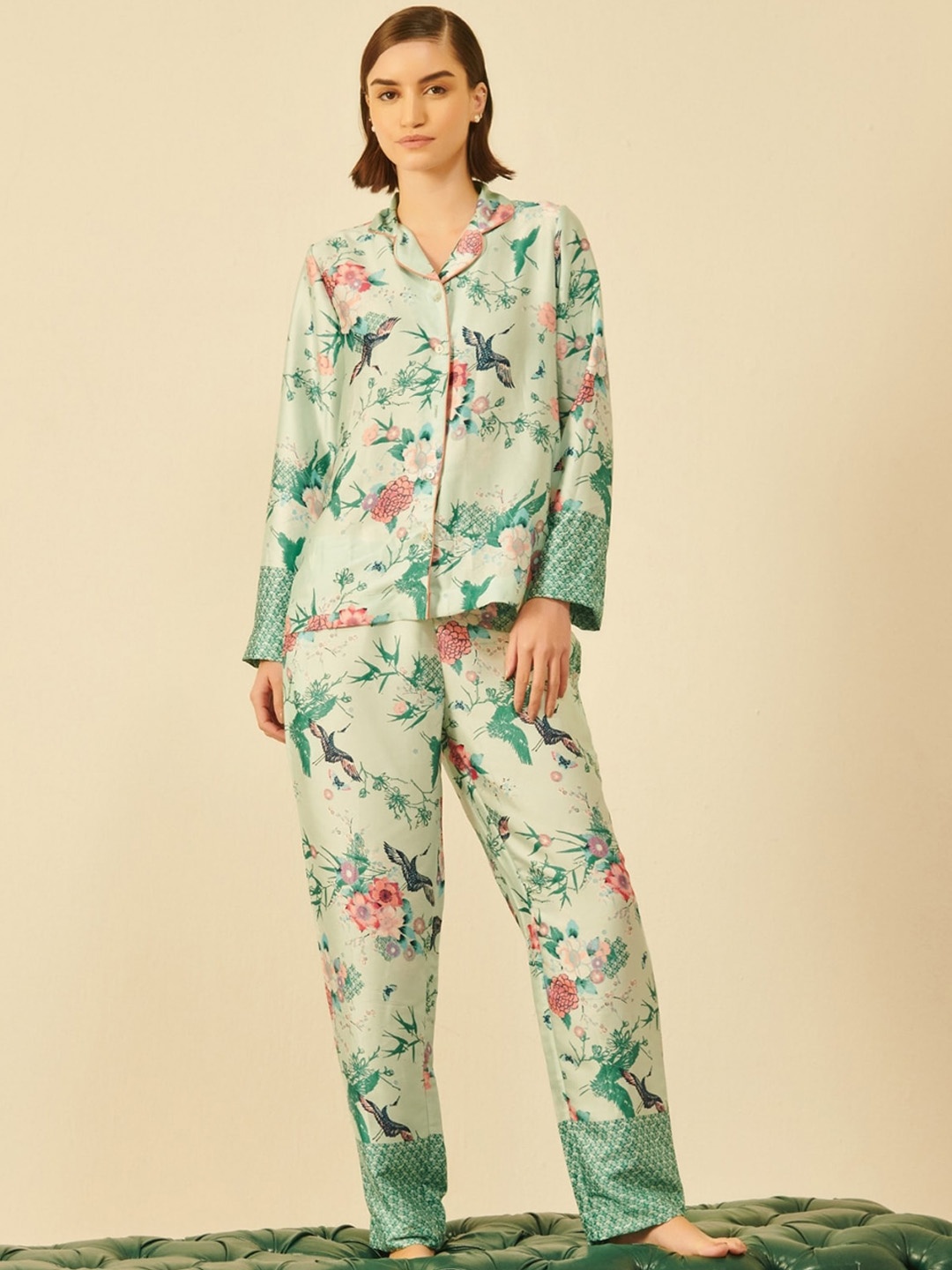 

DUSK ATTIRE Floral Printed Lapel Collar Shirt & Mid-Rise Pyjamas, Green