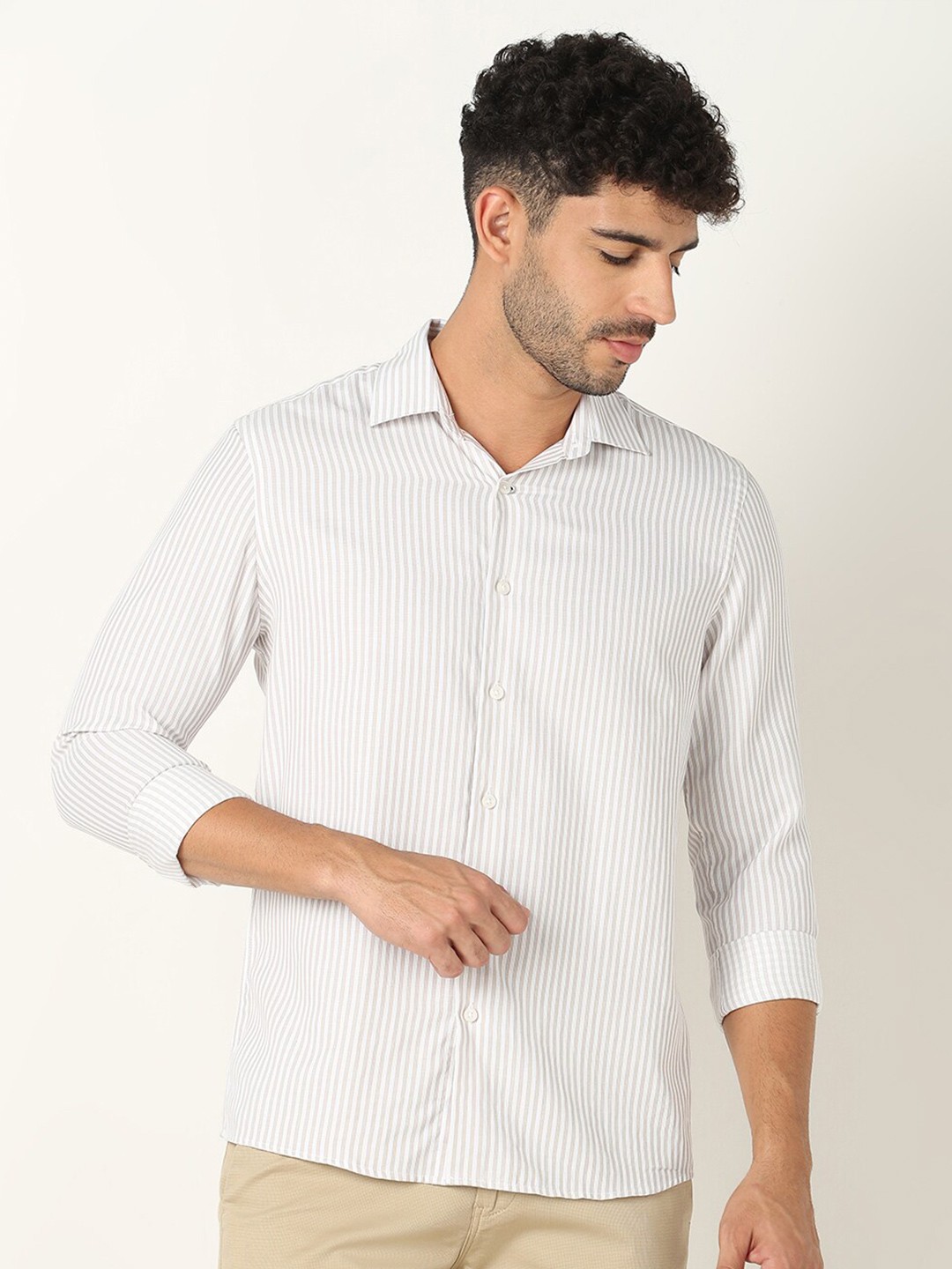 

R&B Striped Cotton Casual Shirt, Beige