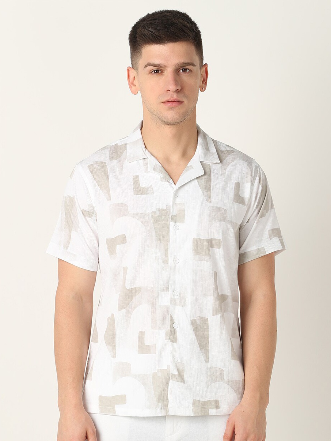 

R&B Abstract Printed Cuban Collar Casual Shirt, Beige