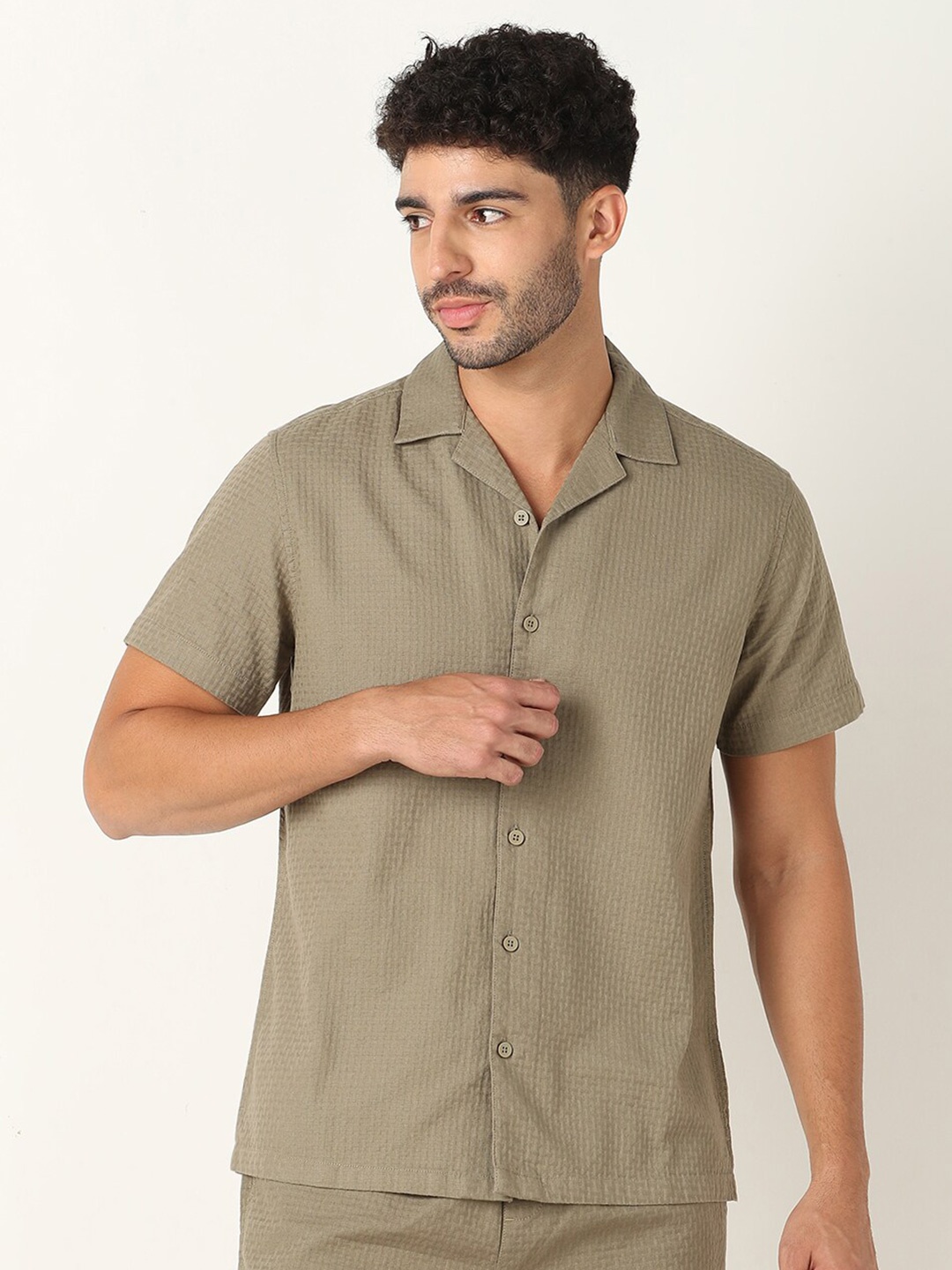 

R&B Cuban Collar Cotton Cuban Collar Casual Shirt, Green