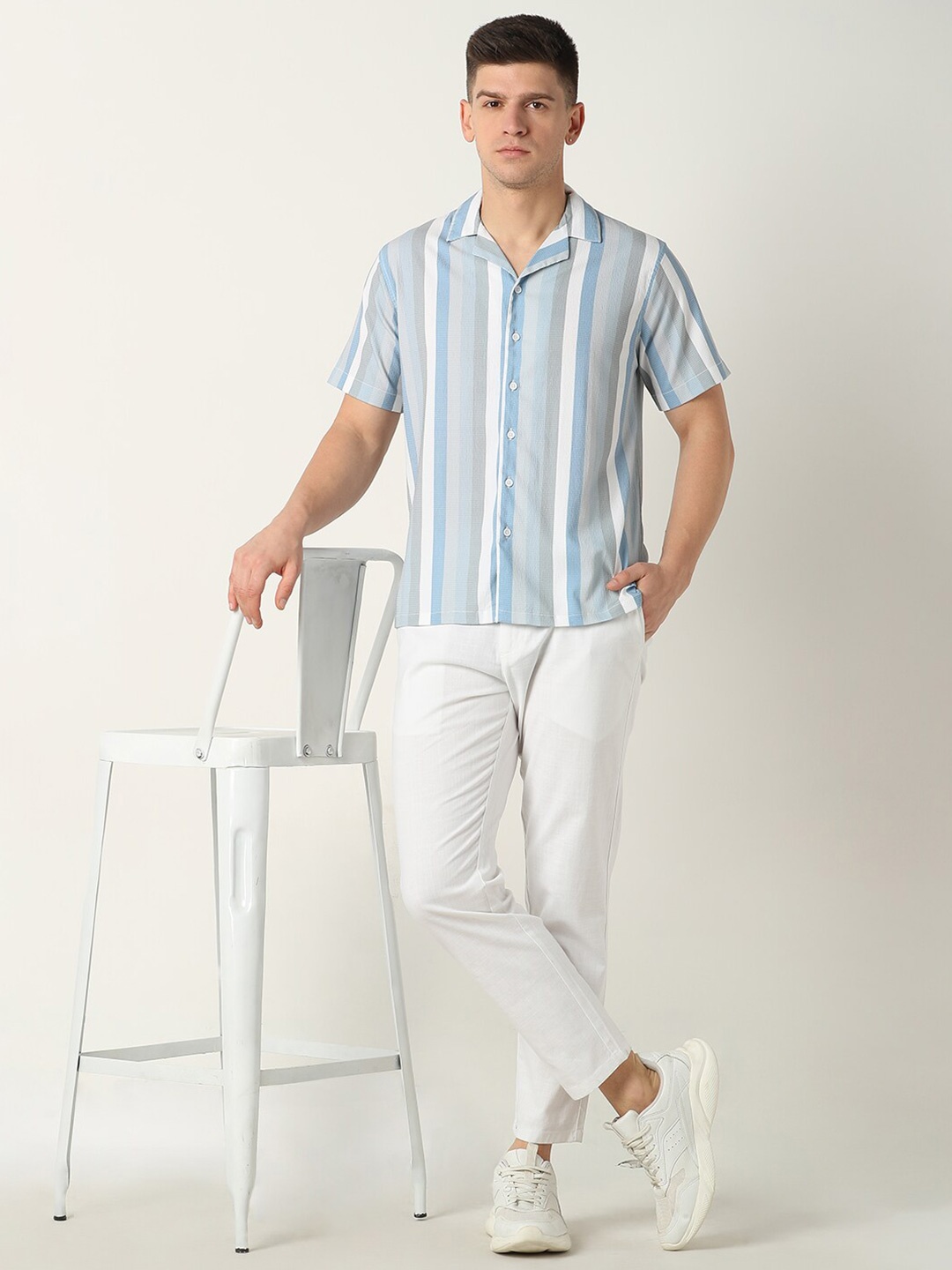 

R&B Striped Cuban Collar Casual Shirt, Blue
