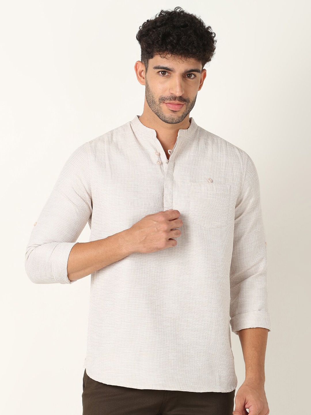 

R&B Mandarin Collar Cotton Casual Shirt, Beige