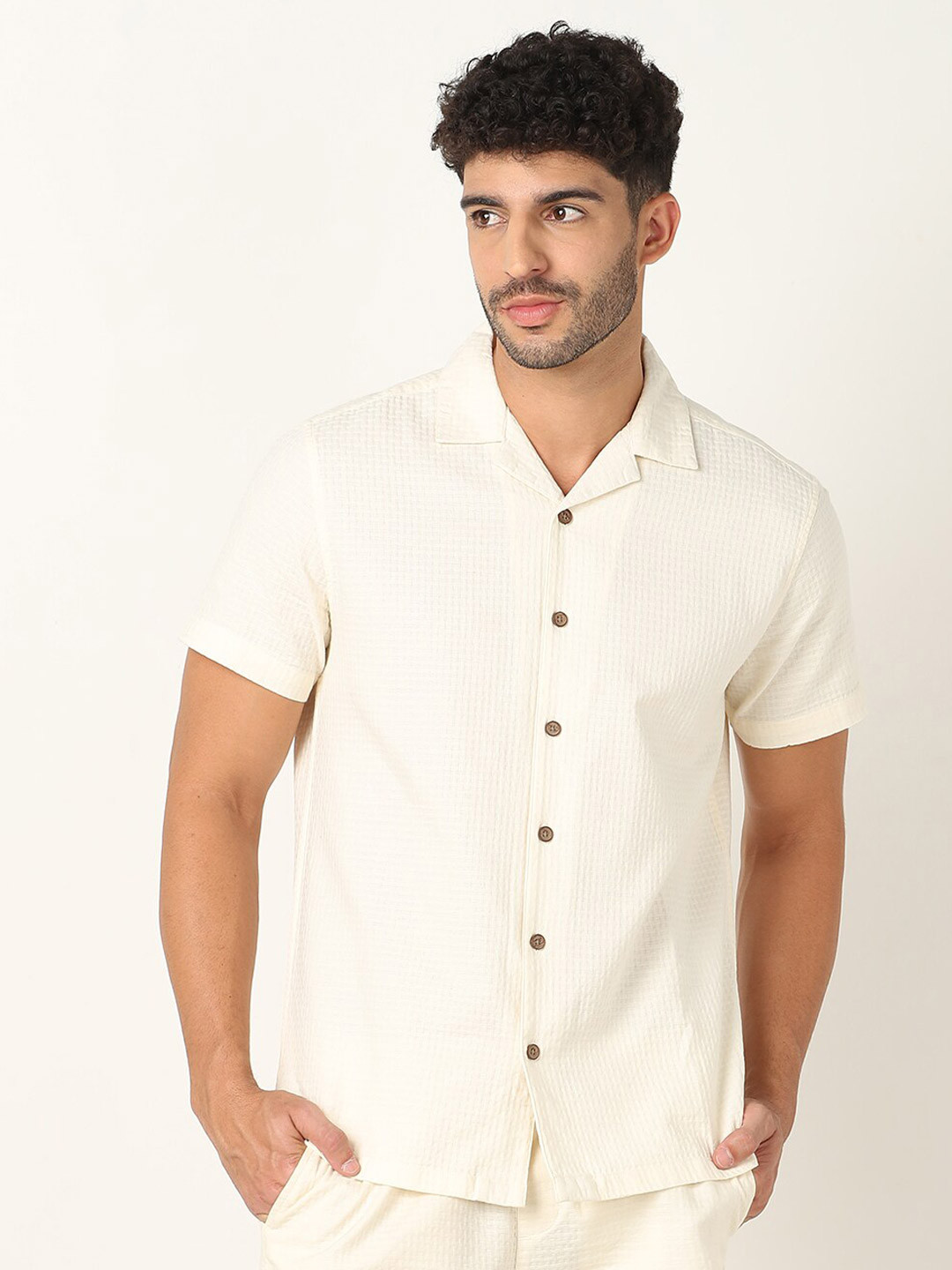 

R&B Spread Collar Cotton Casual Shirt, White