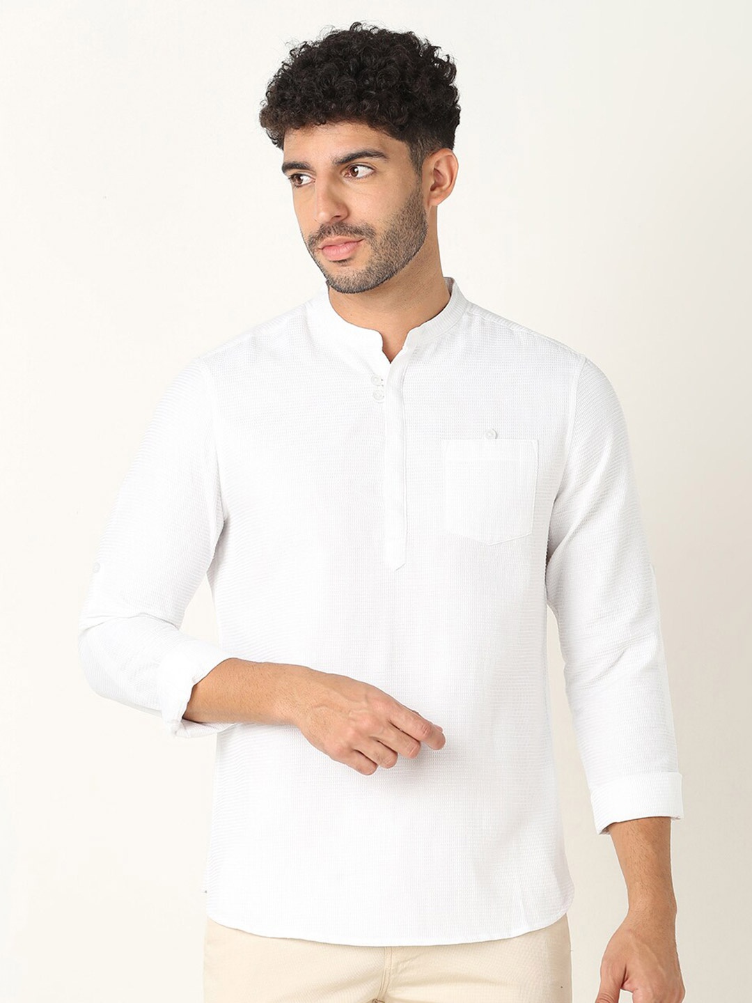 

R&B Mandarin Collar Cotton Casual Shirt, White