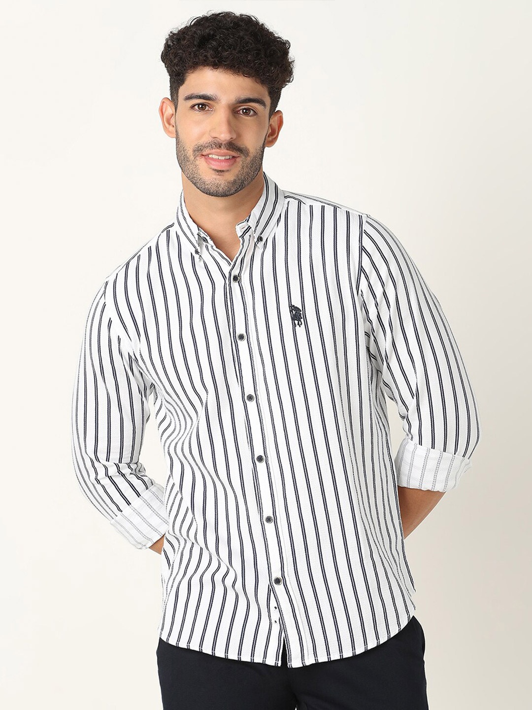 

R&B Slim Fit Opaque Striped Cotton Casual Shirt, White