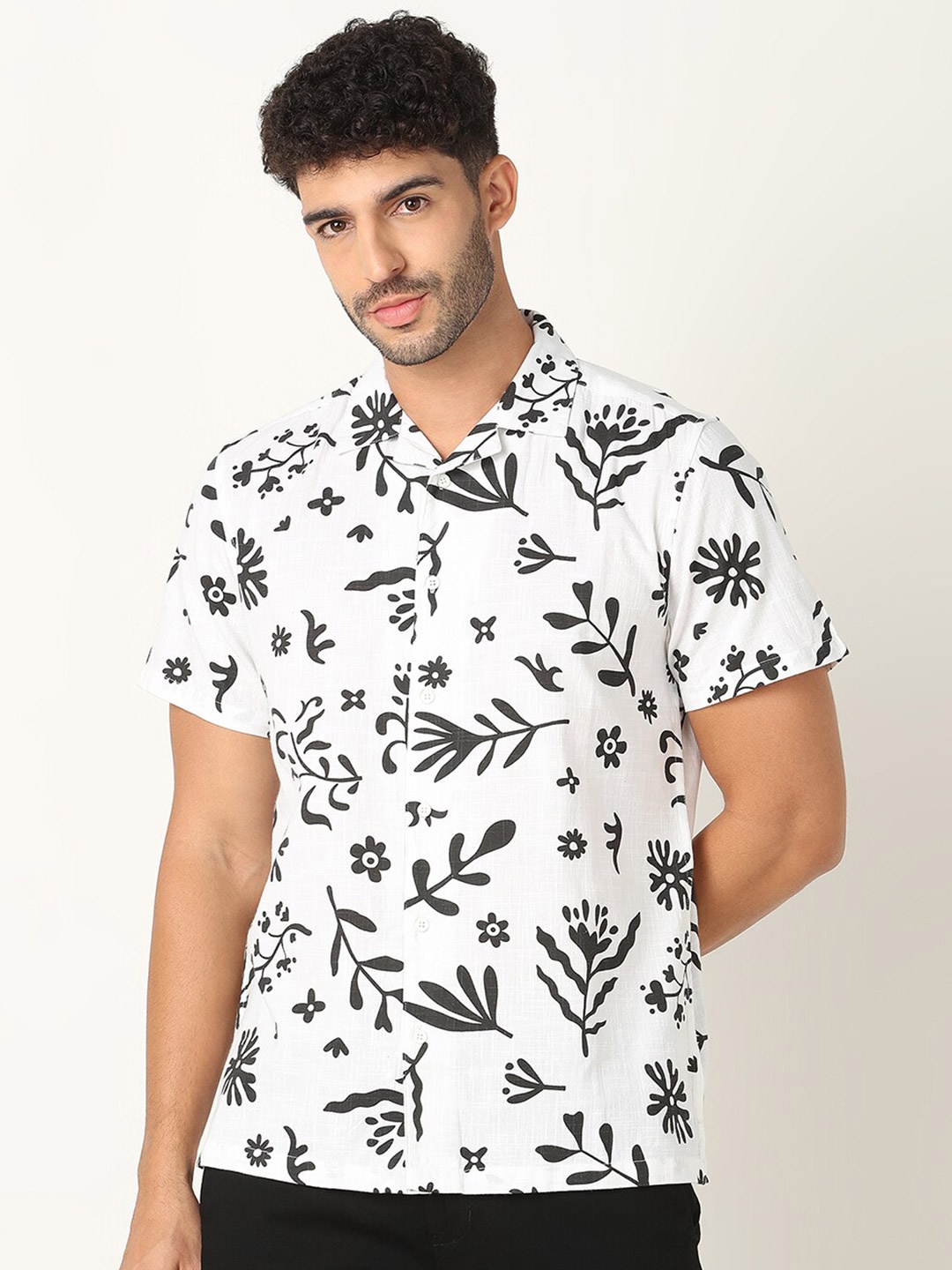 

R&B Floral Printed Cotton Cuban Collar Casual Shirt, White