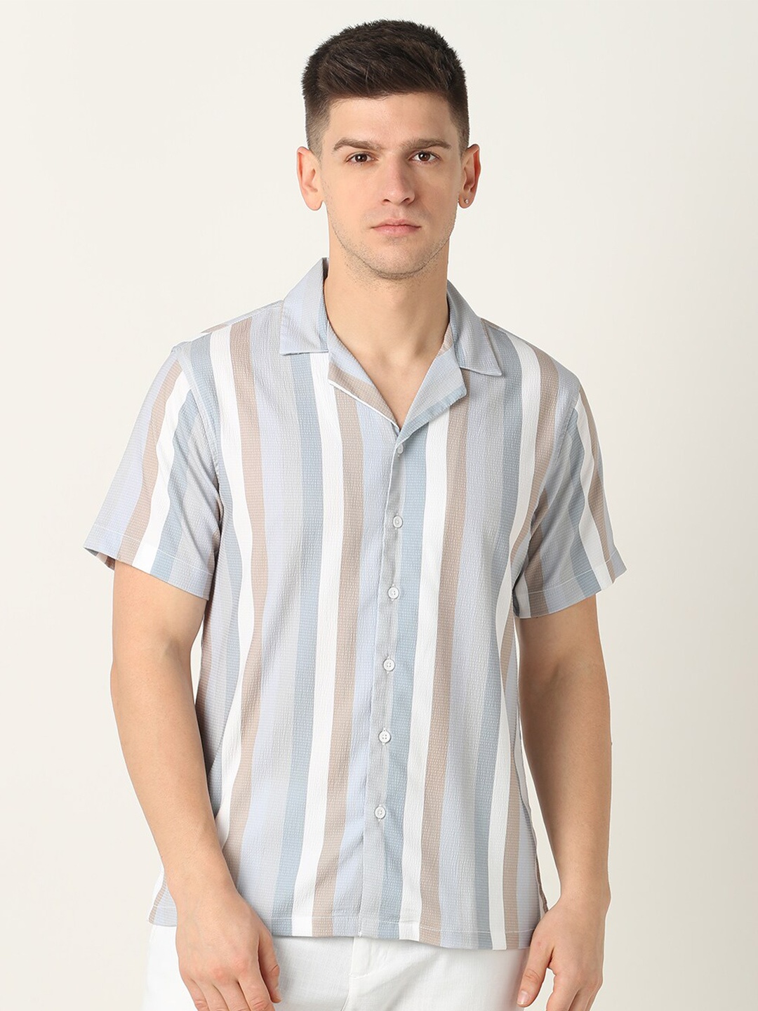 

R&B Striped Spread Collar Casual Shirt, Beige