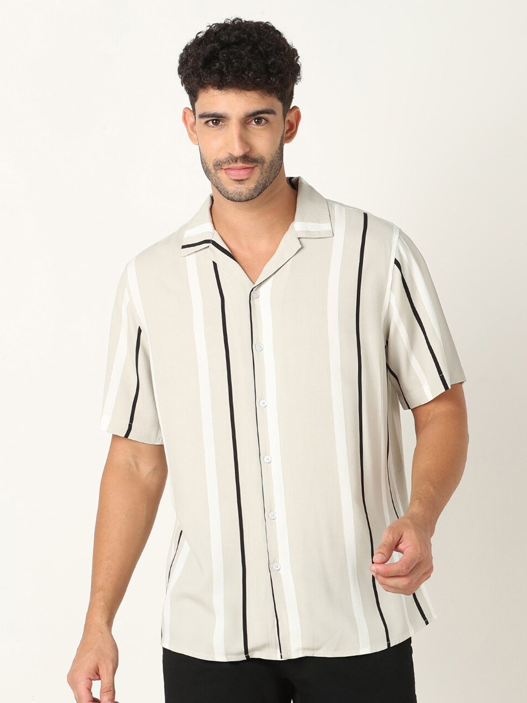 

R&B Striped Cuban Collar Casual Shirt, Beige