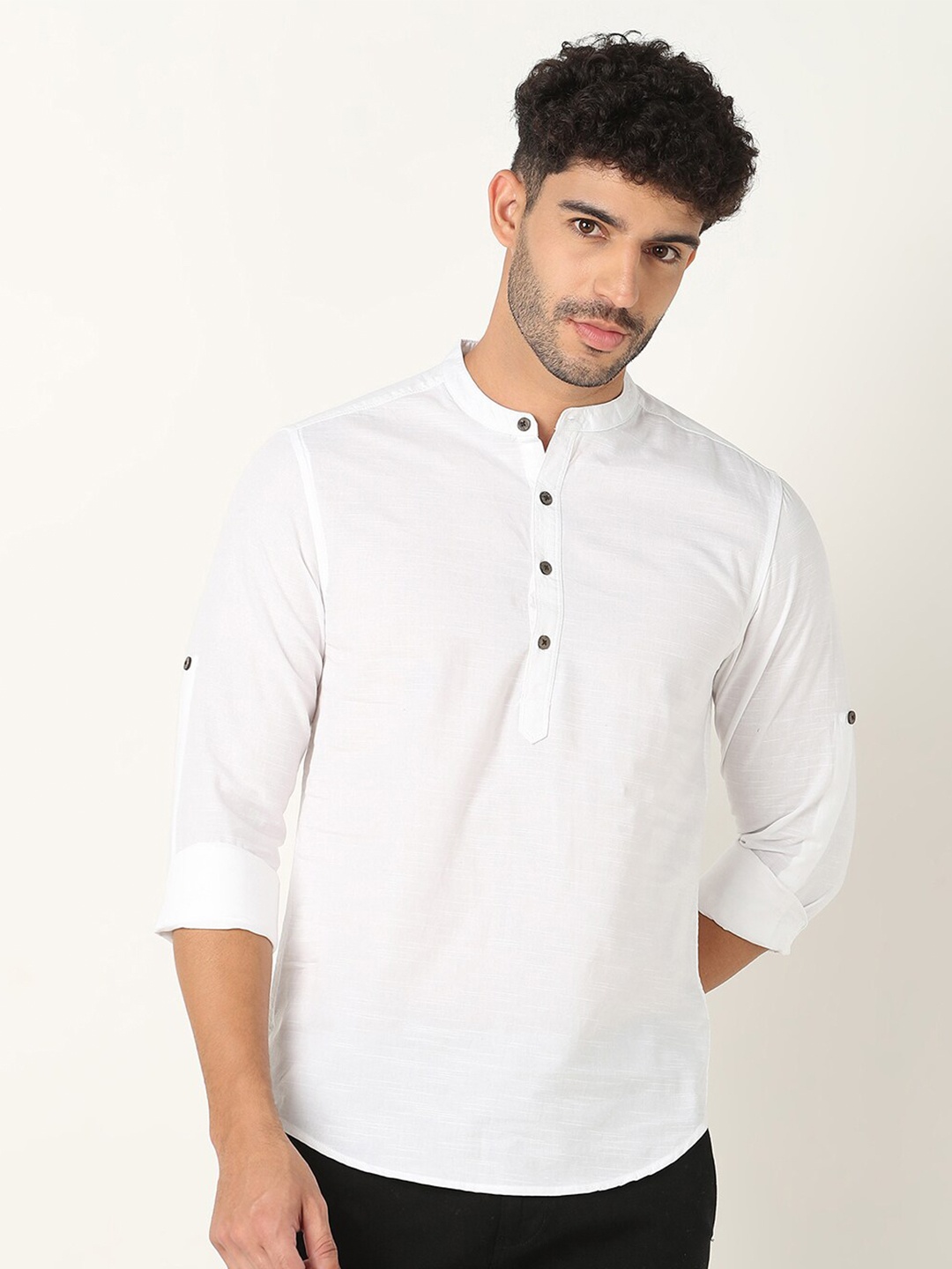 

R&B Mandarin Collar Cotton Casual Shirt, White