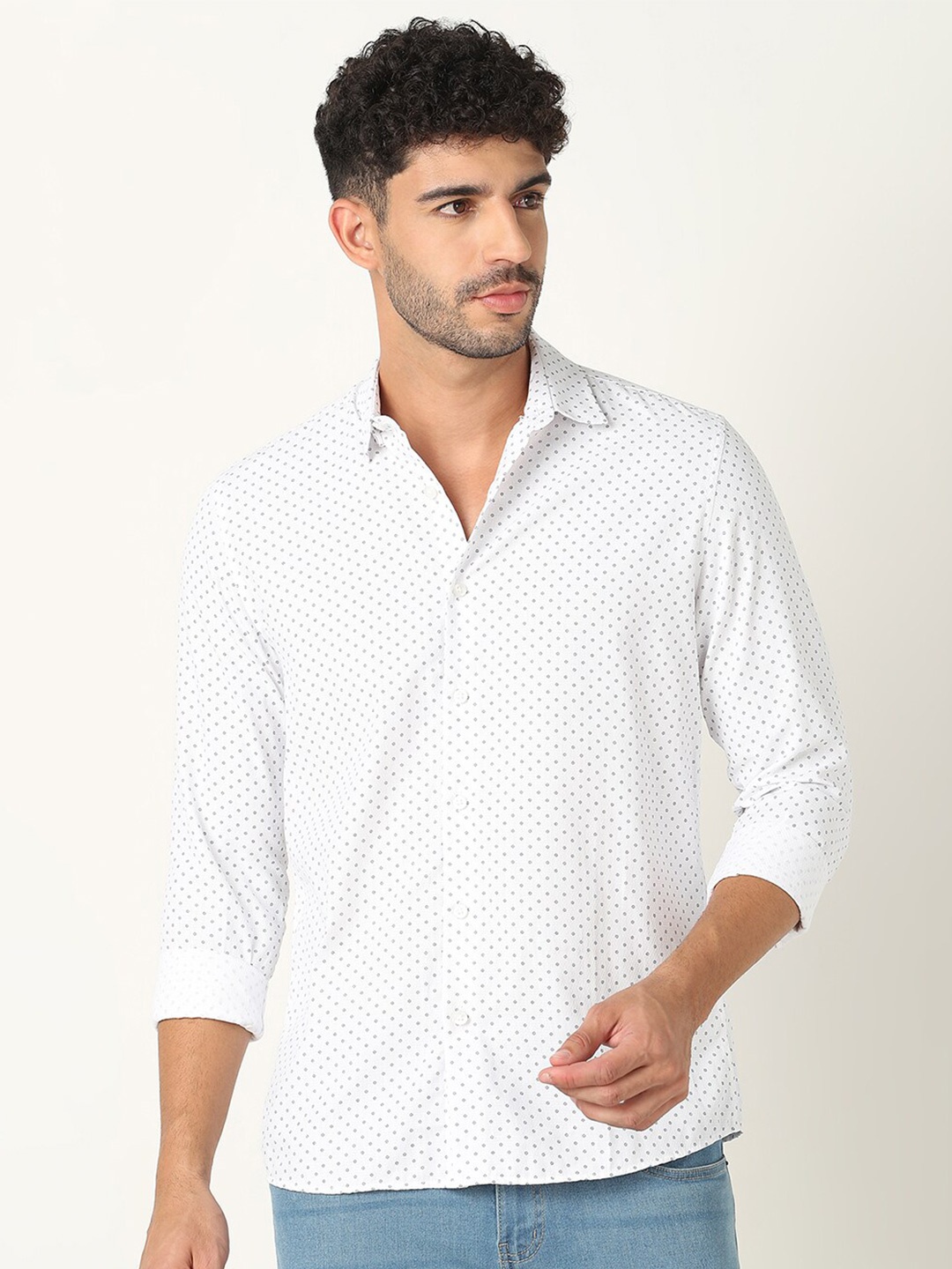 

R&B Printed Cotton Casual Shirt, White