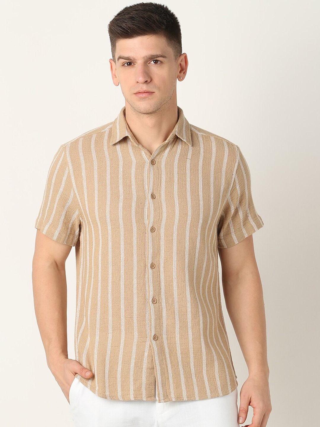 

R&B Striped Cotton Casual Shirt, Beige