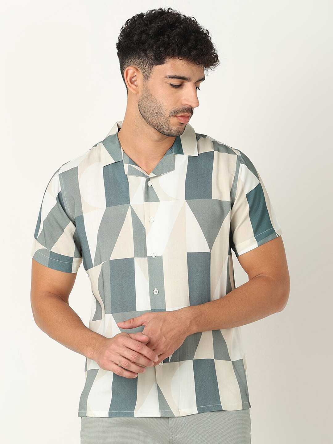 

R&B Geometric Printed Short Sleeves Casual Shirt, Green