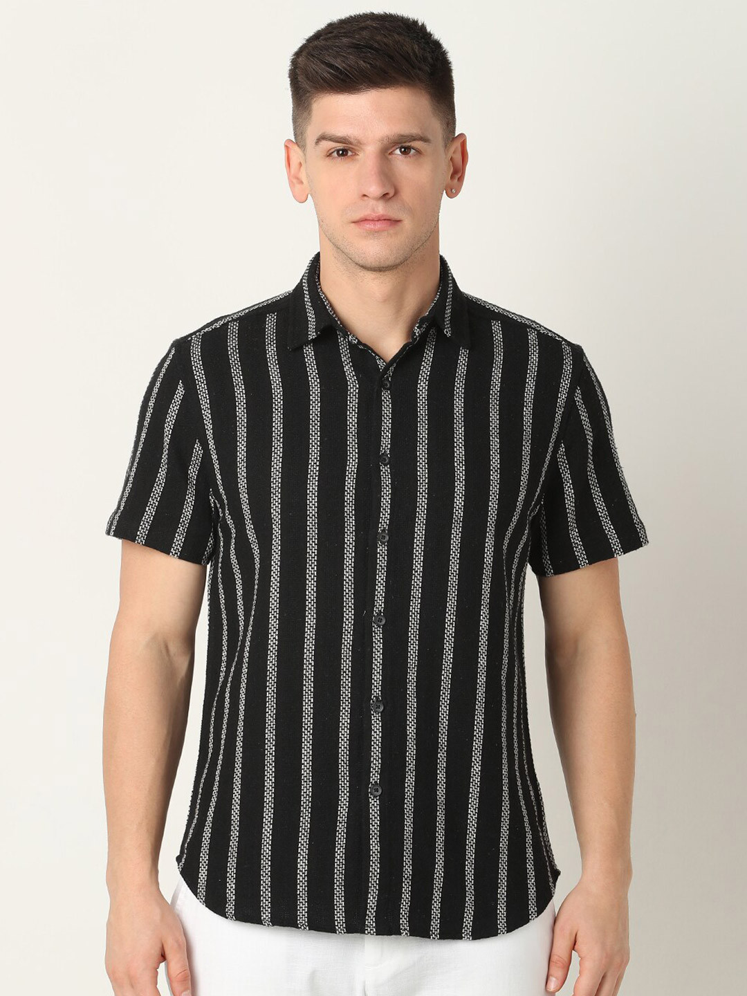 

R&B Striped Cotton Casual Shirt, Black