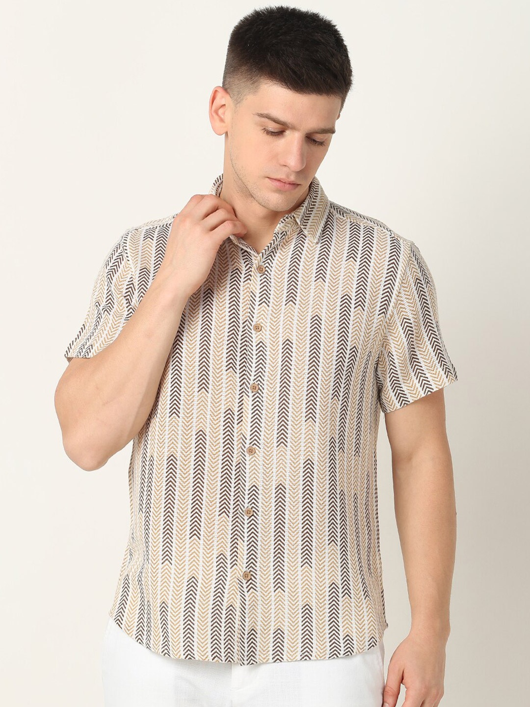 

R&B Striped Cotton Casual Shirt, Beige