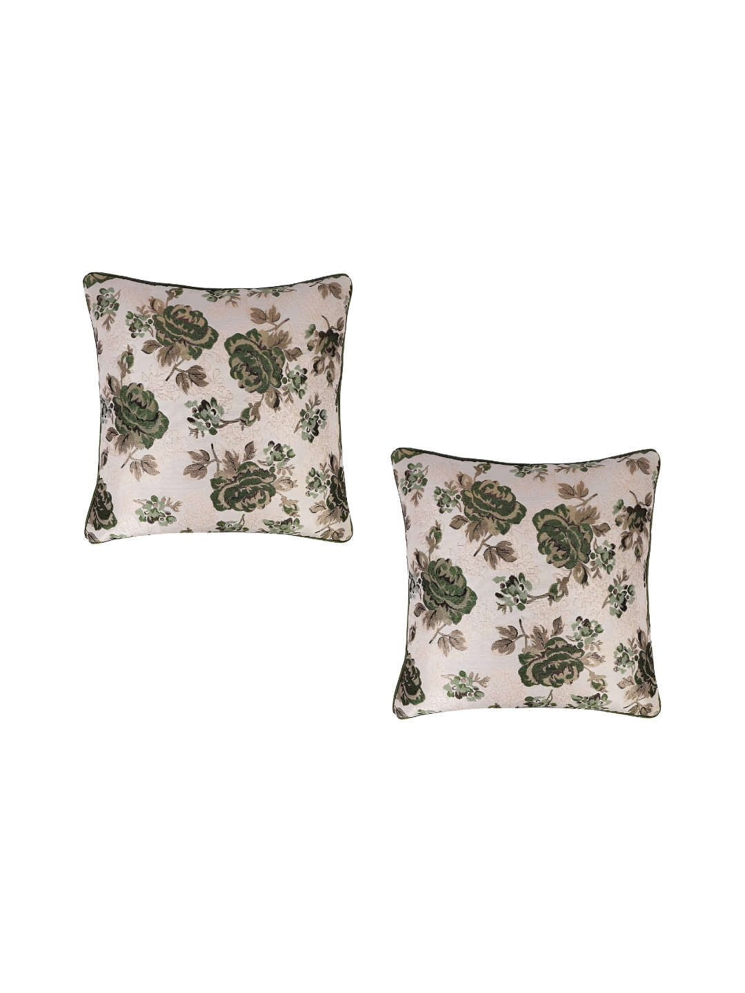 

MONKDECOR Green & Beige Set of 2 Floral Square Cushion Covers