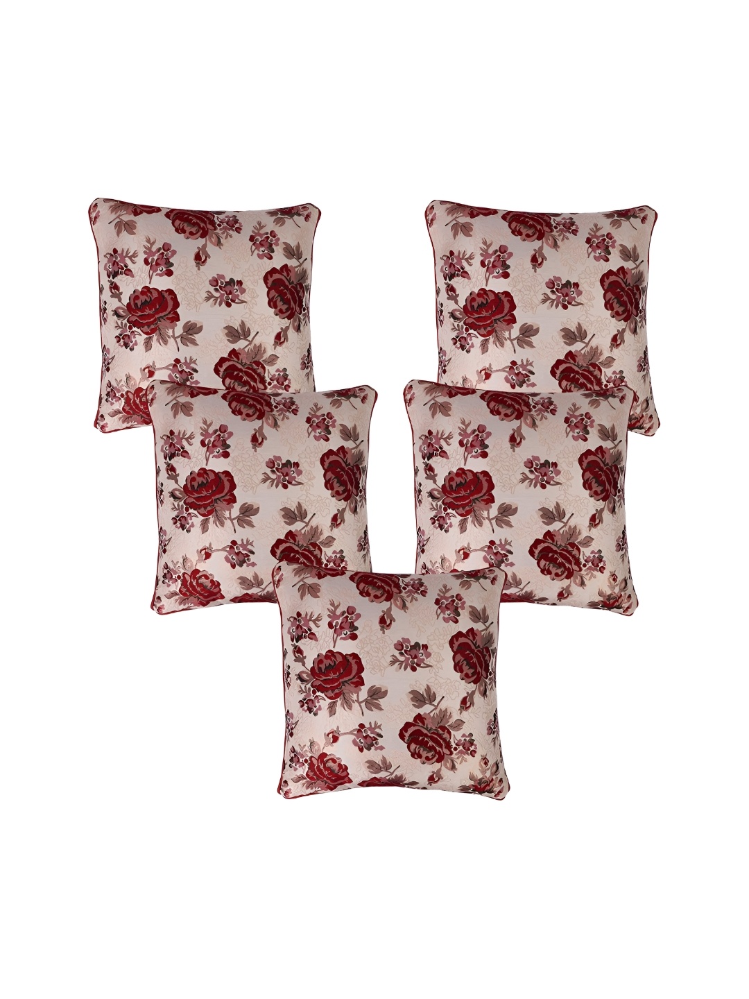 MONKDECOR Maroon & Beige Set of 5 Floral Square Cushion Covers