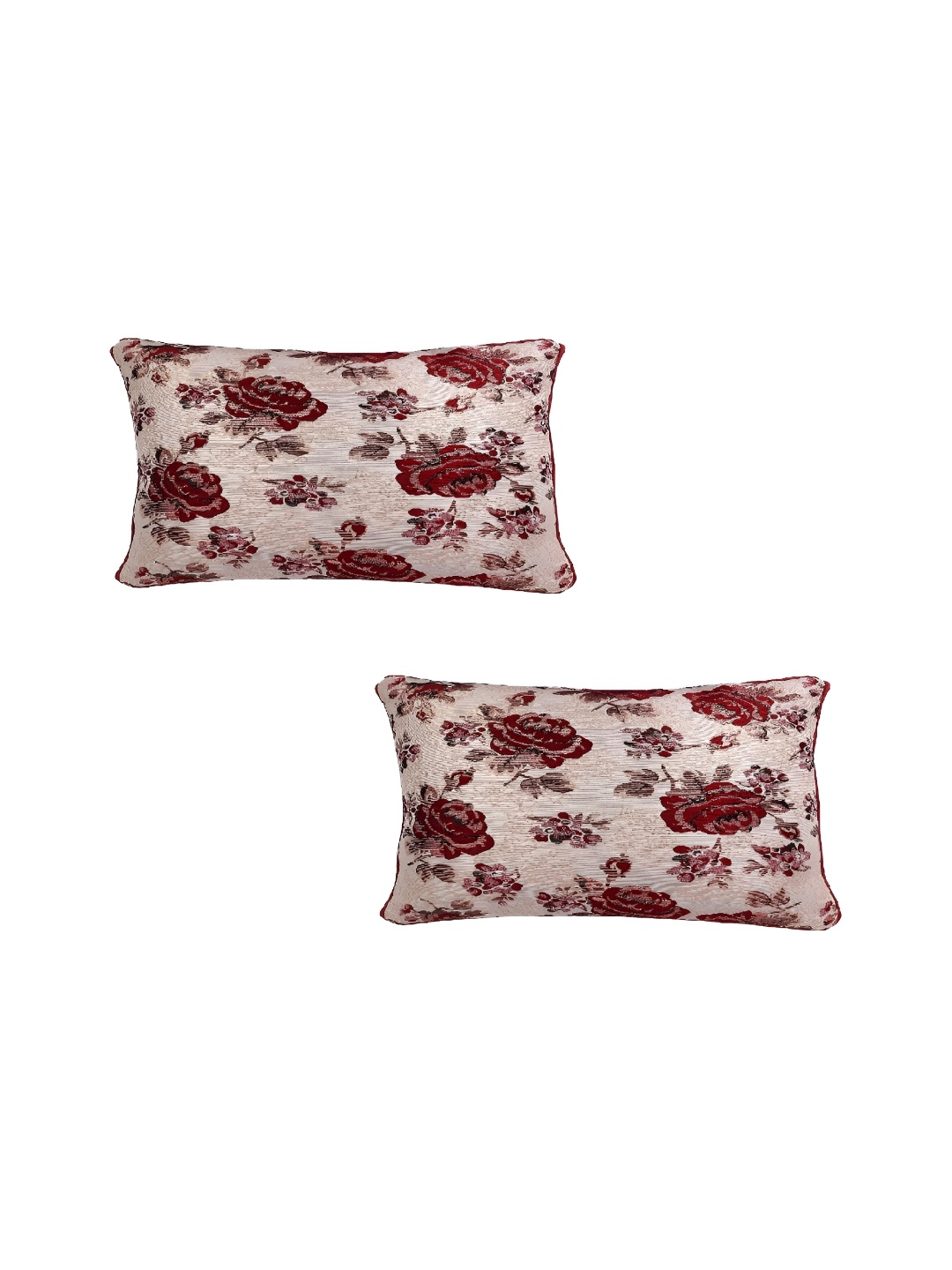 

MONKDECOR Maroon & Beige Set of 2 Floral Rectangle Cushion Covers