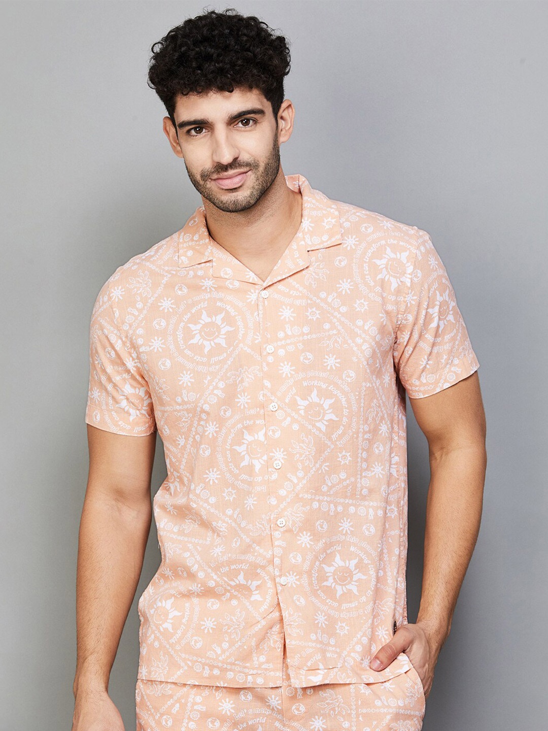

SmileyWorld Ethnic Motifs Printed Cotton Shirt, Peach
