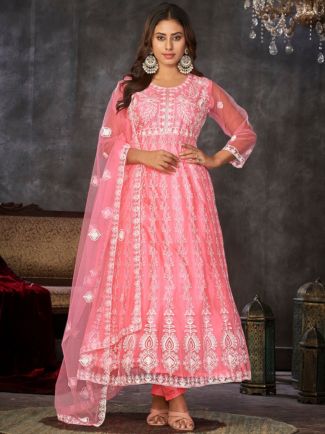 

Warthy Ent Floral Embroidered A-Line With Dupatta, Peach