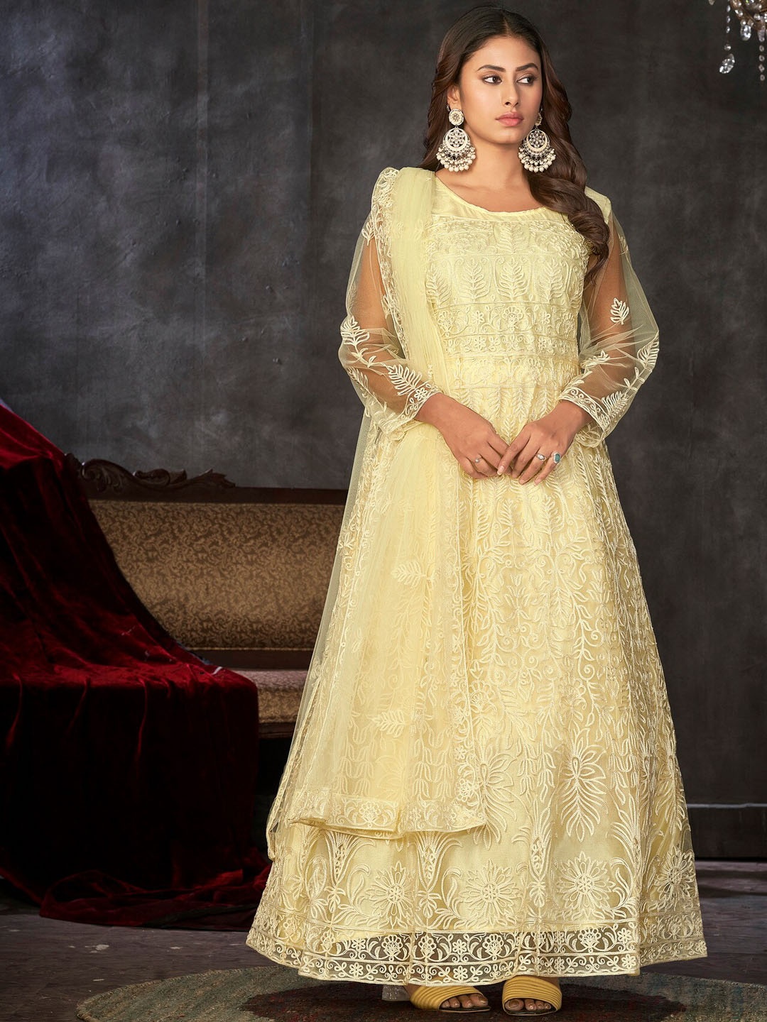 

Warthy Ent Floral Embroidered A-Line With Dupatta, Yellow