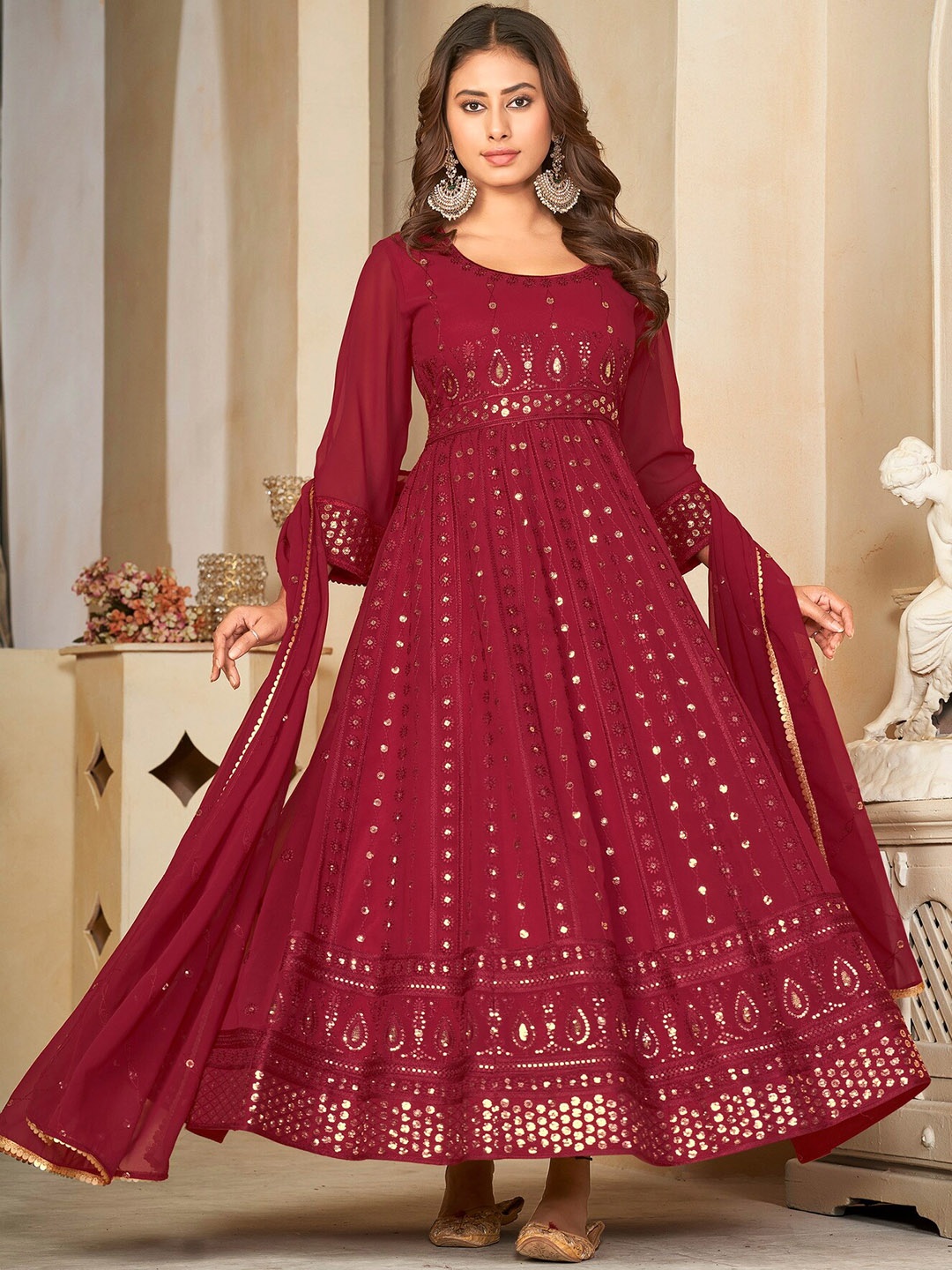 

Warthy Ent Ethnic Embellished Fit & Flare With Dupatta, Maroon