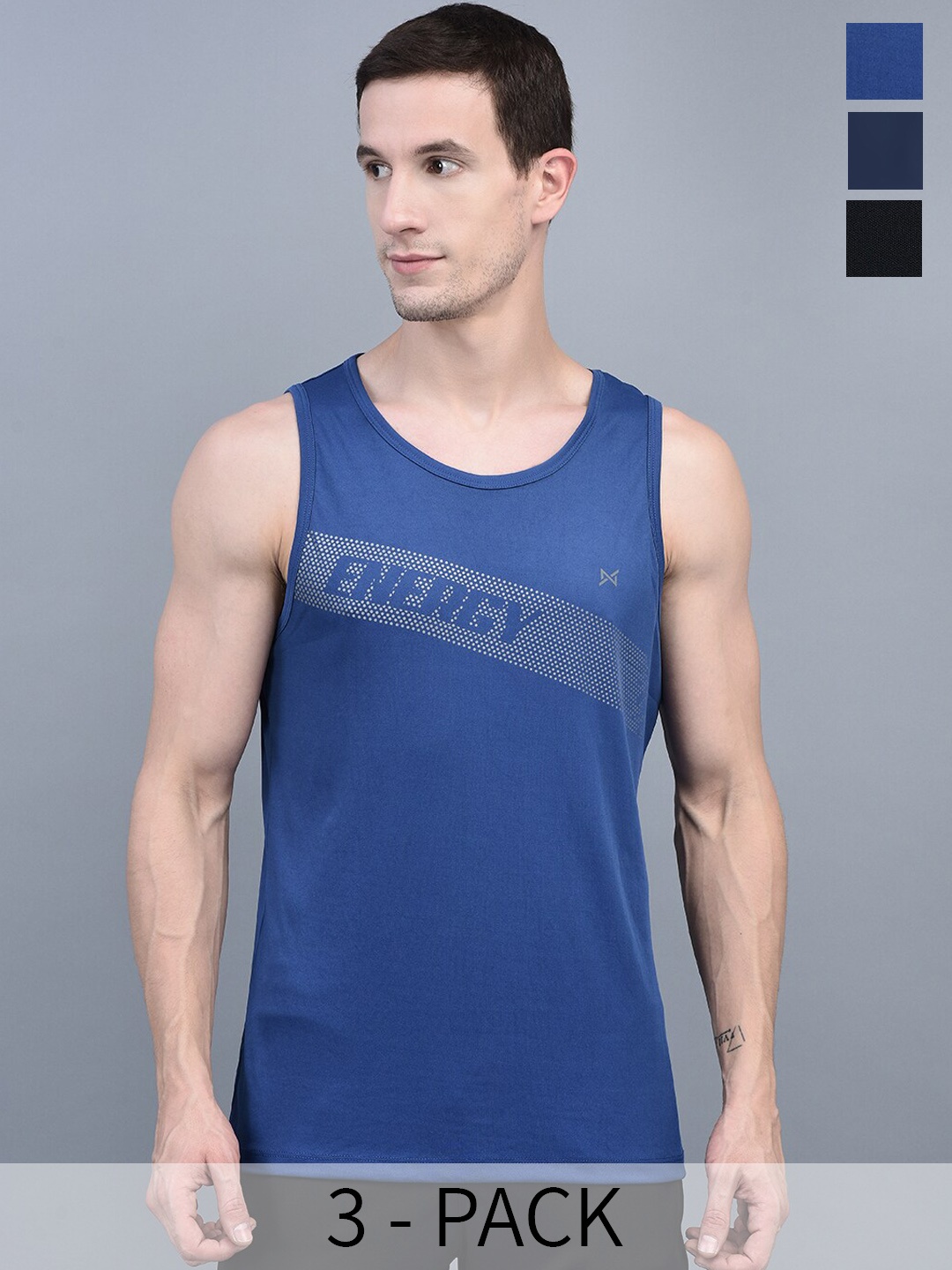 

Force NXT Pack Of 3 Typography Printed Anti-Odour Gym Vest, Navy blue